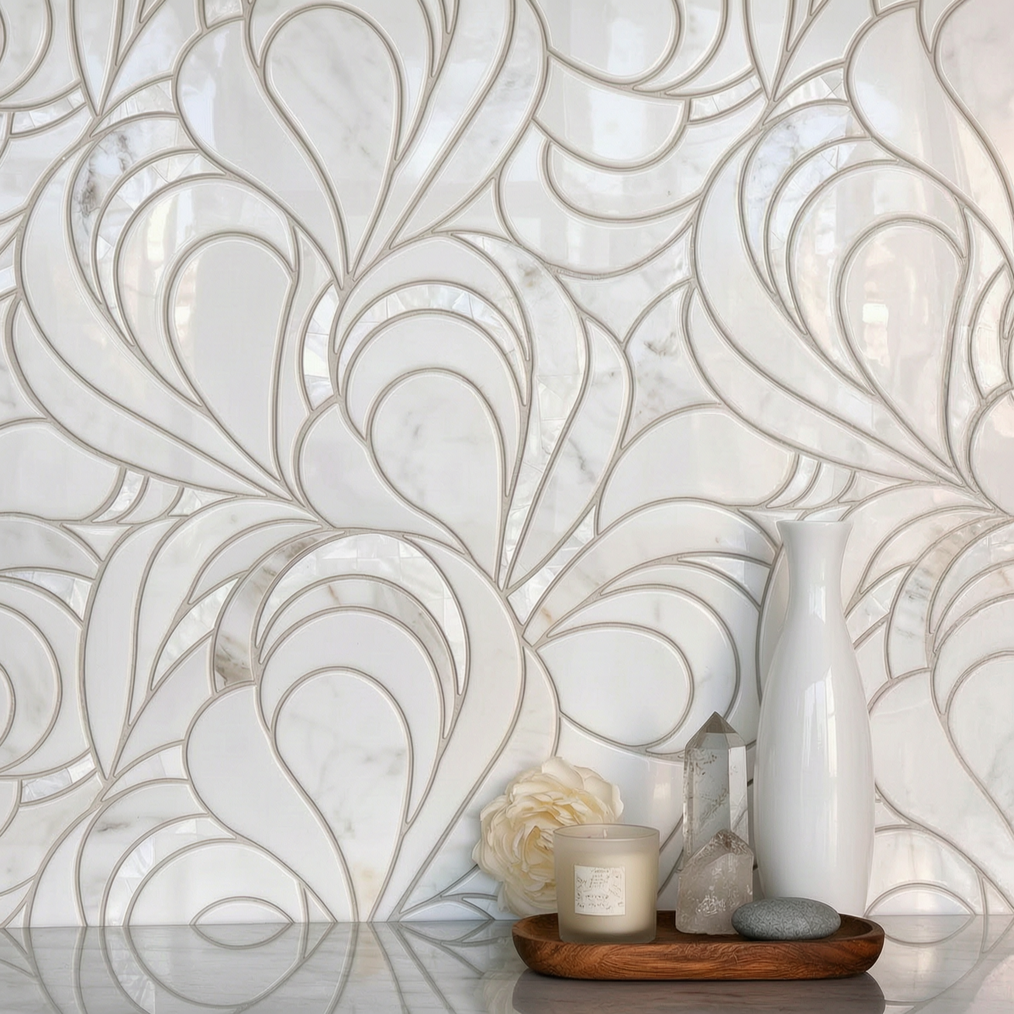 Natural White Marble Mosaic Tile, Petal Shape, Polished, 1 Sheet