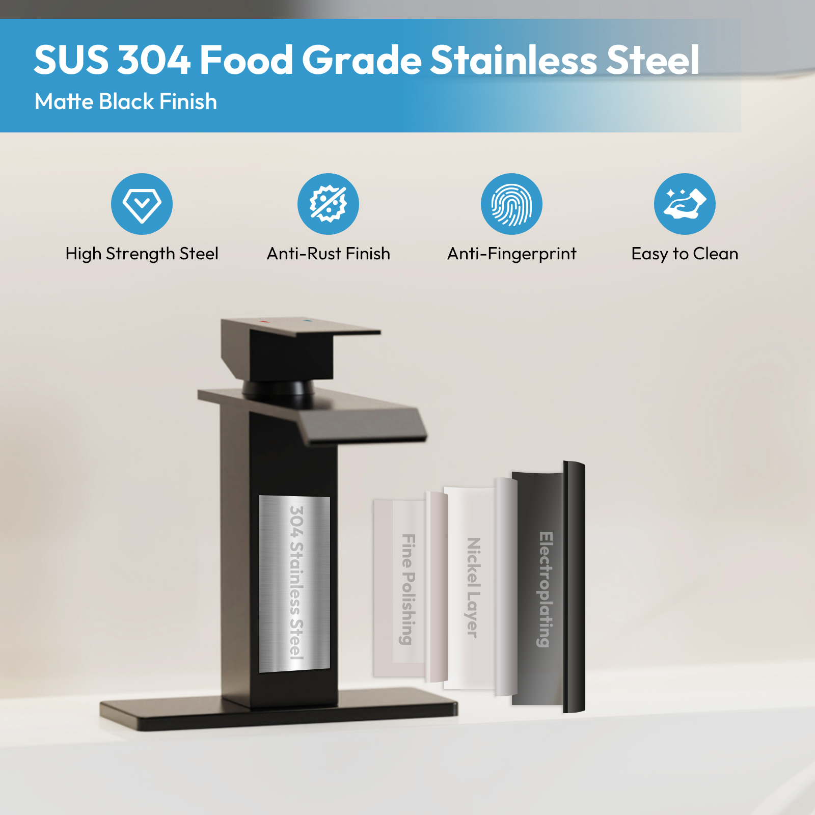 Besdor Waterfall Bathroom Faucet Single Hole 304 Stainless Steel Matte Black