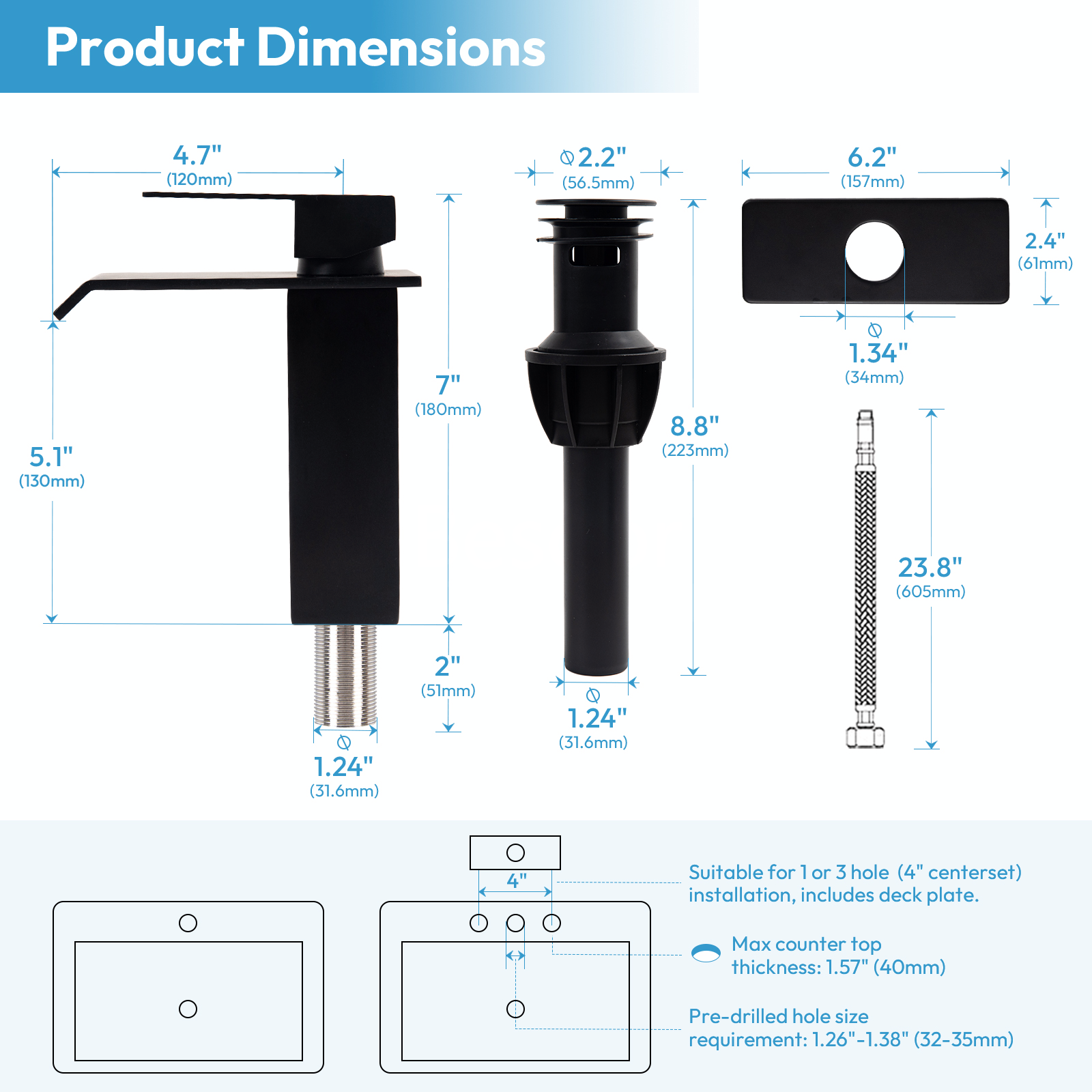 Besdor Waterfall Bathroom Faucet Single Hole 304 Stainless Steel Matte Black