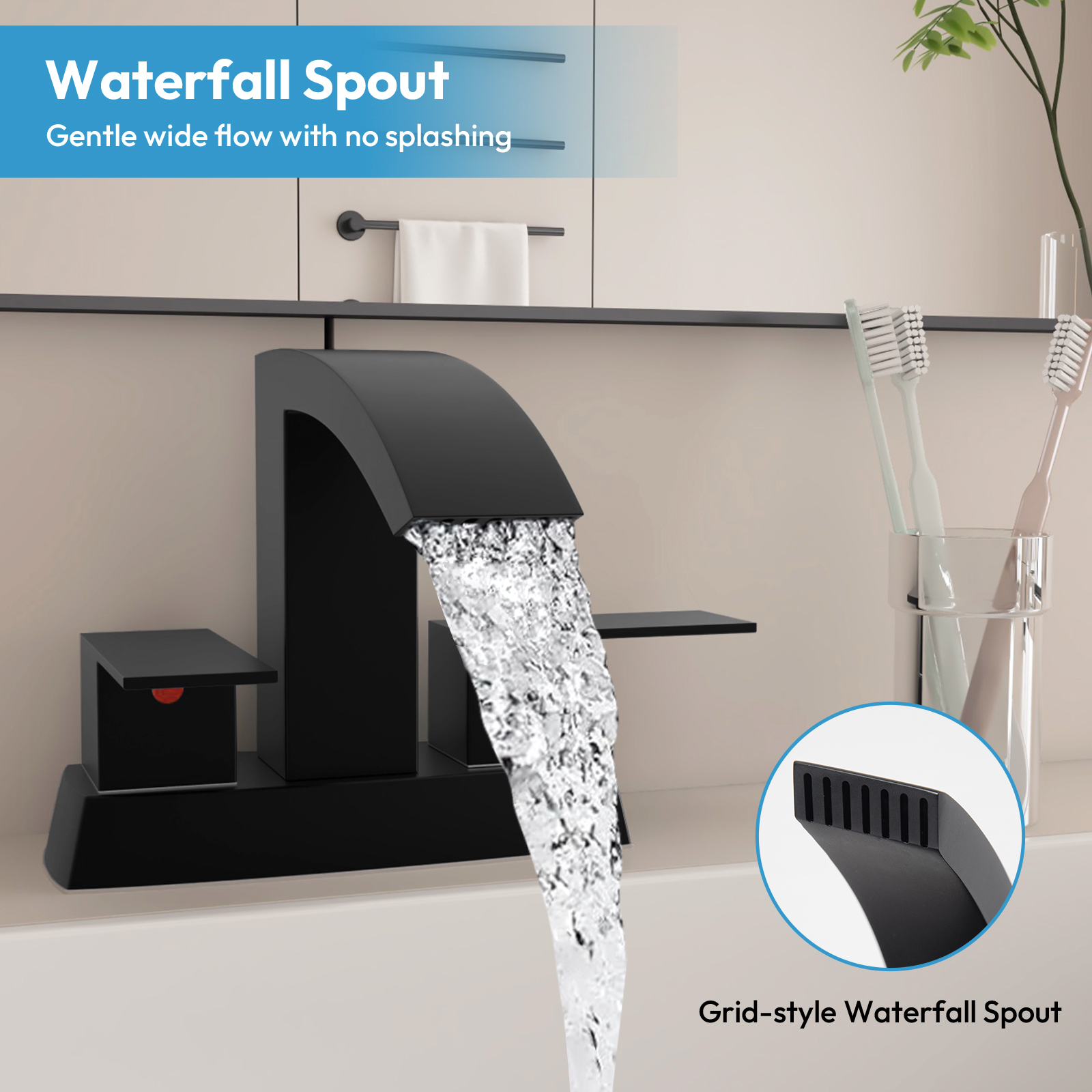 Besdor Waterfall Bathroom Faucet 4" Centerset, 304 Stainless Steel Matte Black