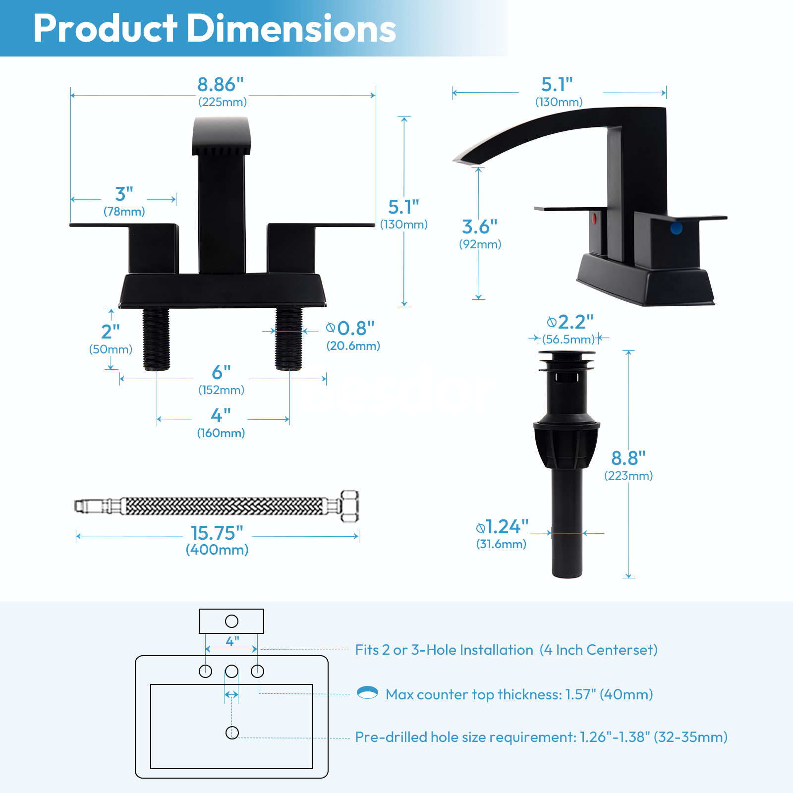 Besdor Waterfall Bathroom Faucet 4" Centerset, 304 Stainless Steel Matte Black