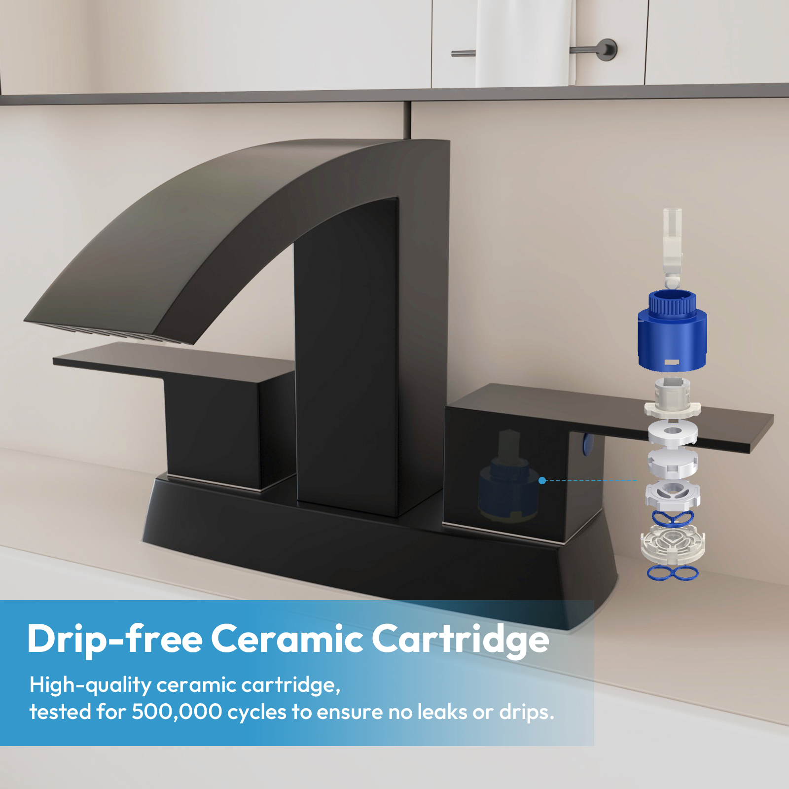 Besdor Waterfall Bathroom Faucet 4" Centerset, 304 Stainless Steel Matte Black