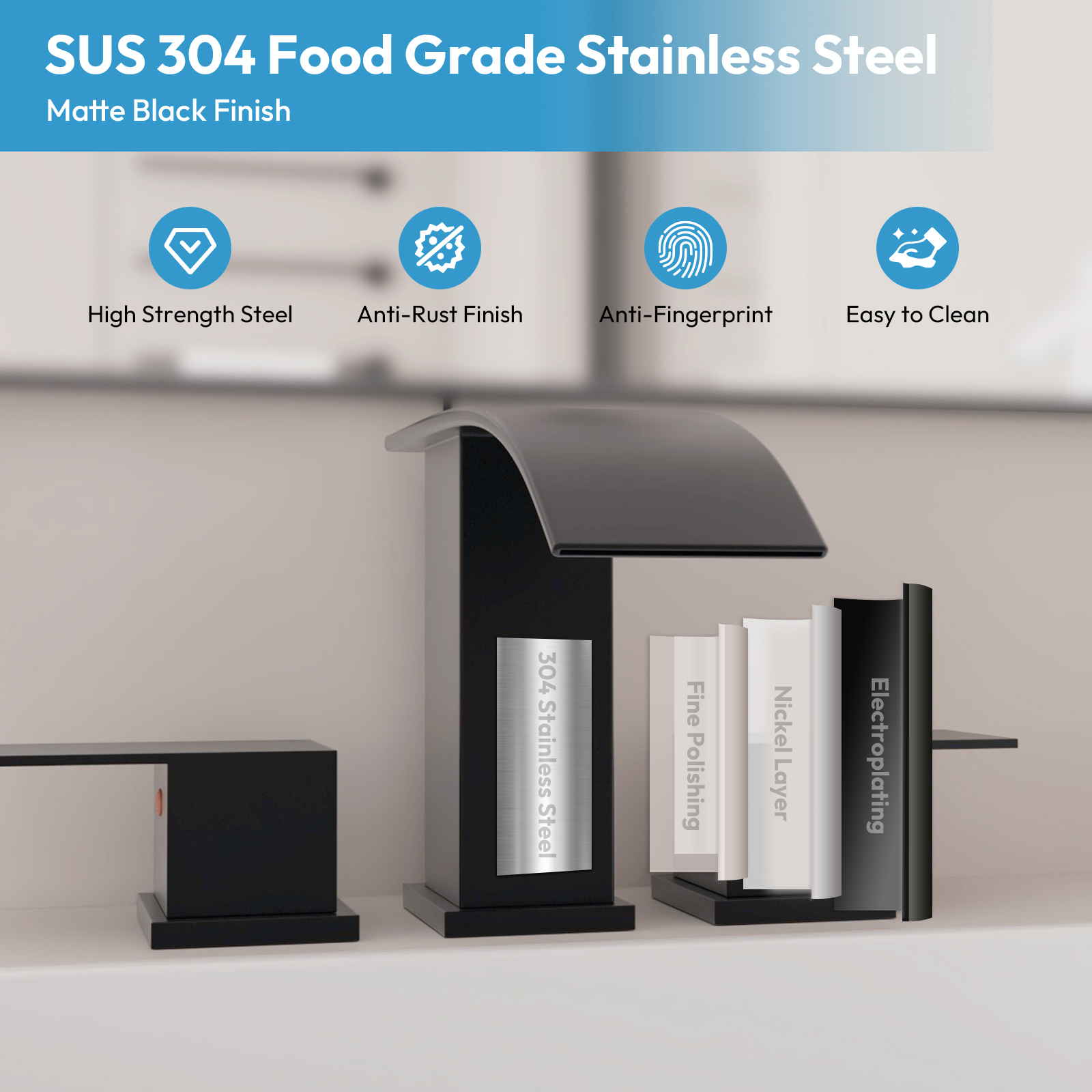 Besdor Waterfall Bathroom Faucet 3 Hole, 304 Stainless Steel Matte Black