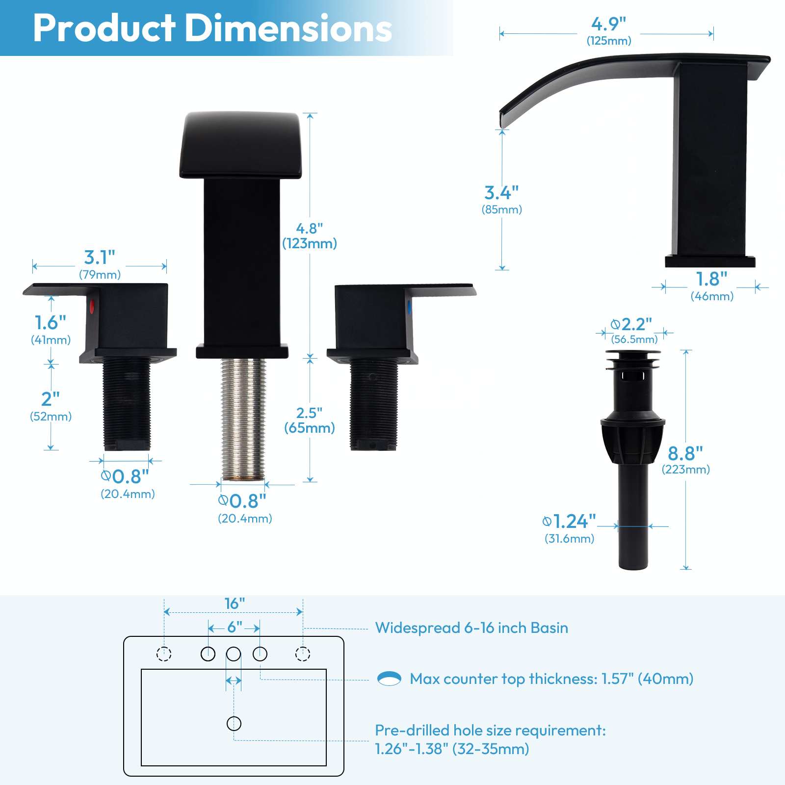 Besdor Waterfall Bathroom Faucet 3 Hole, 304 Stainless Steel Matte Black