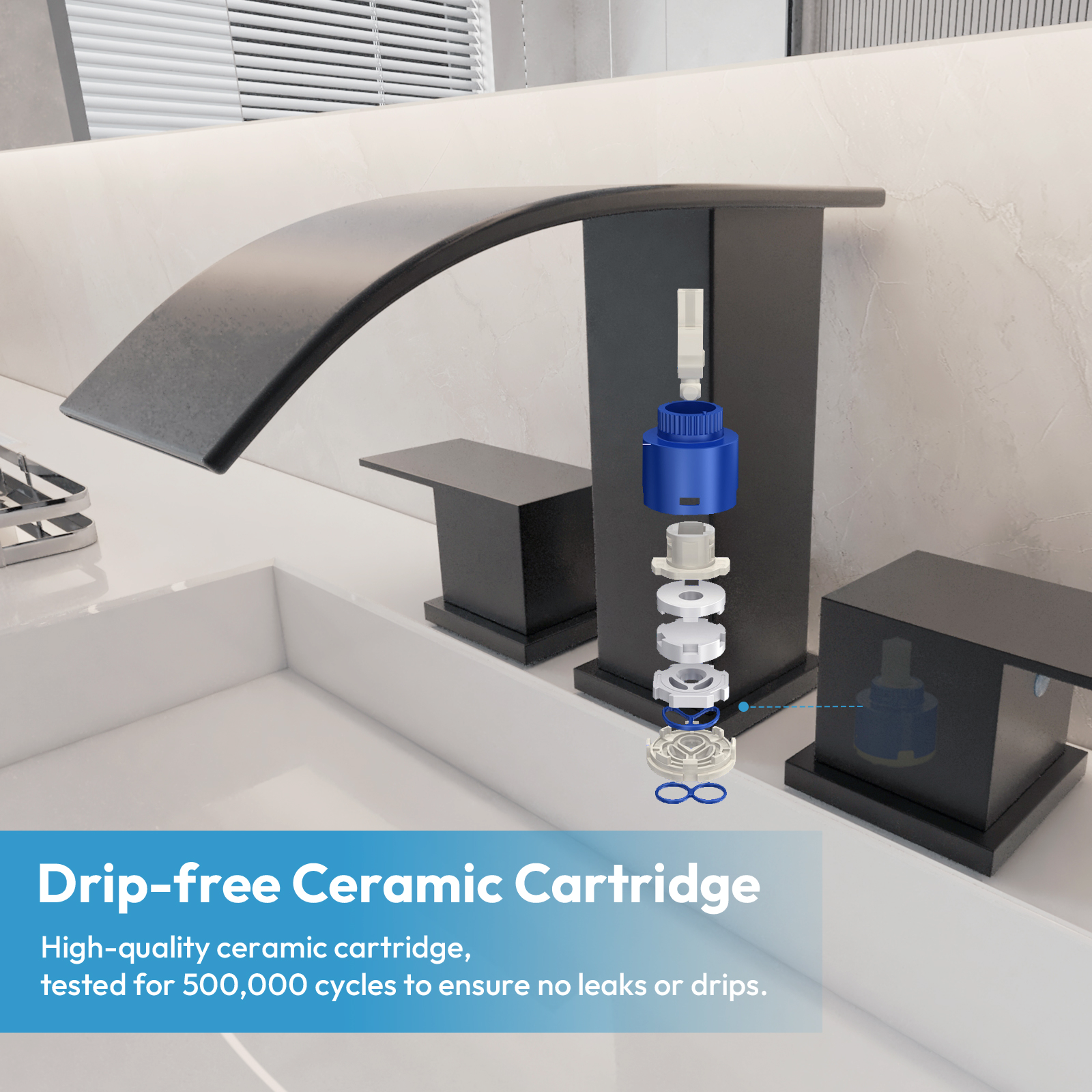 Besdor Waterfall Bathroom Faucet 3 Hole, 304 Stainless Steel Matte Black