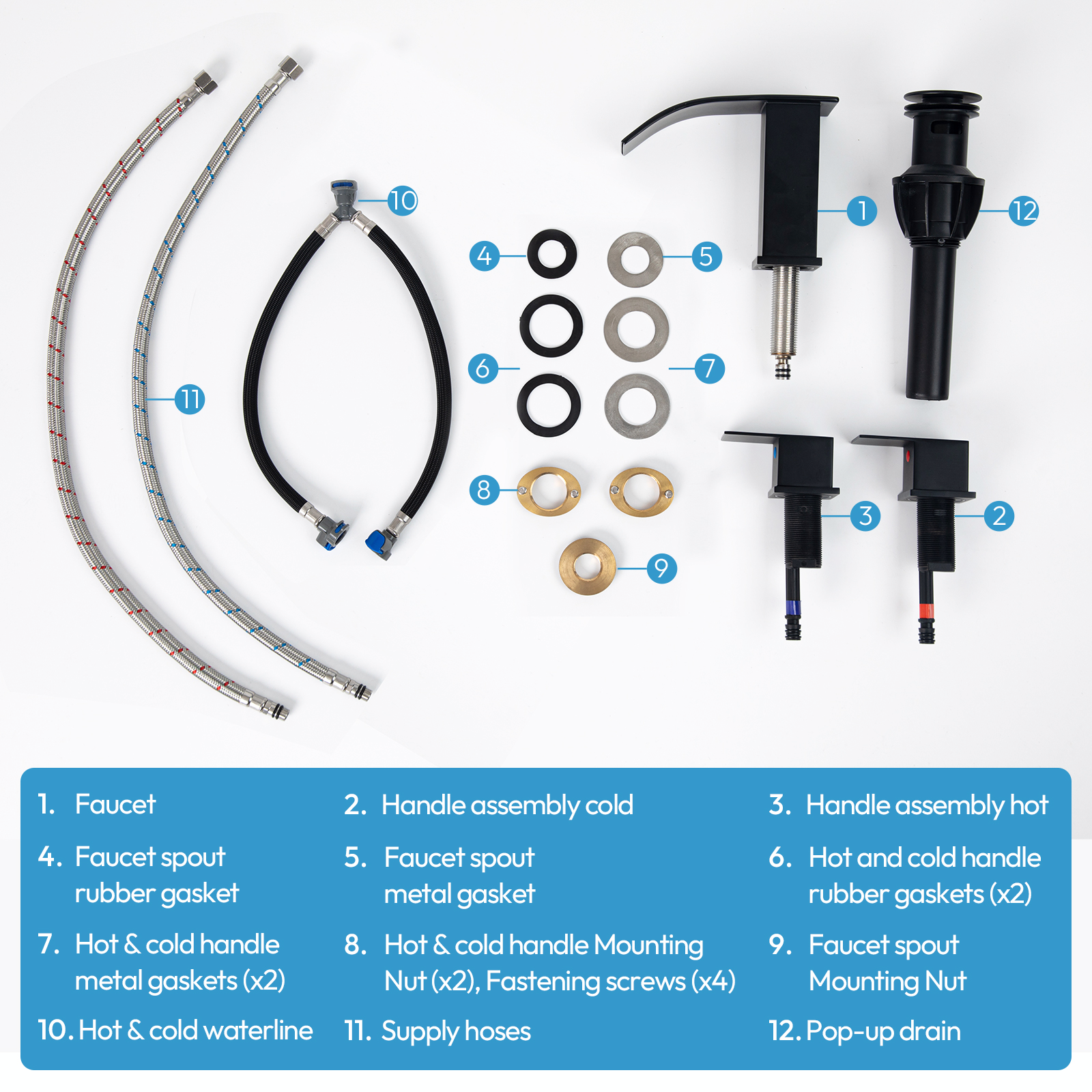 Besdor Waterfall Bathroom Faucet 3 Hole, 304 Stainless Steel Matte Black