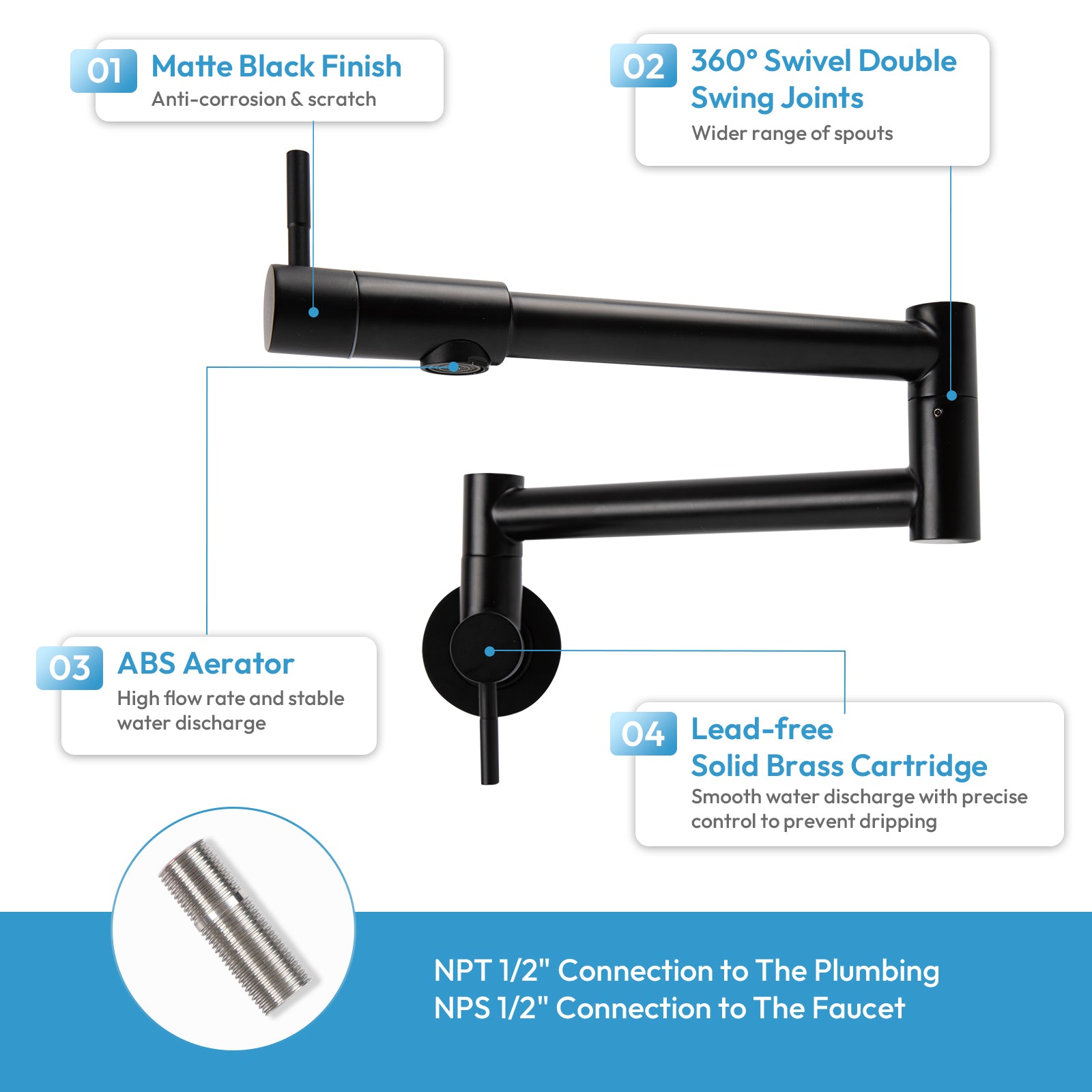 Besdor Pot Filler Faucet Stainless Steel Matte Black