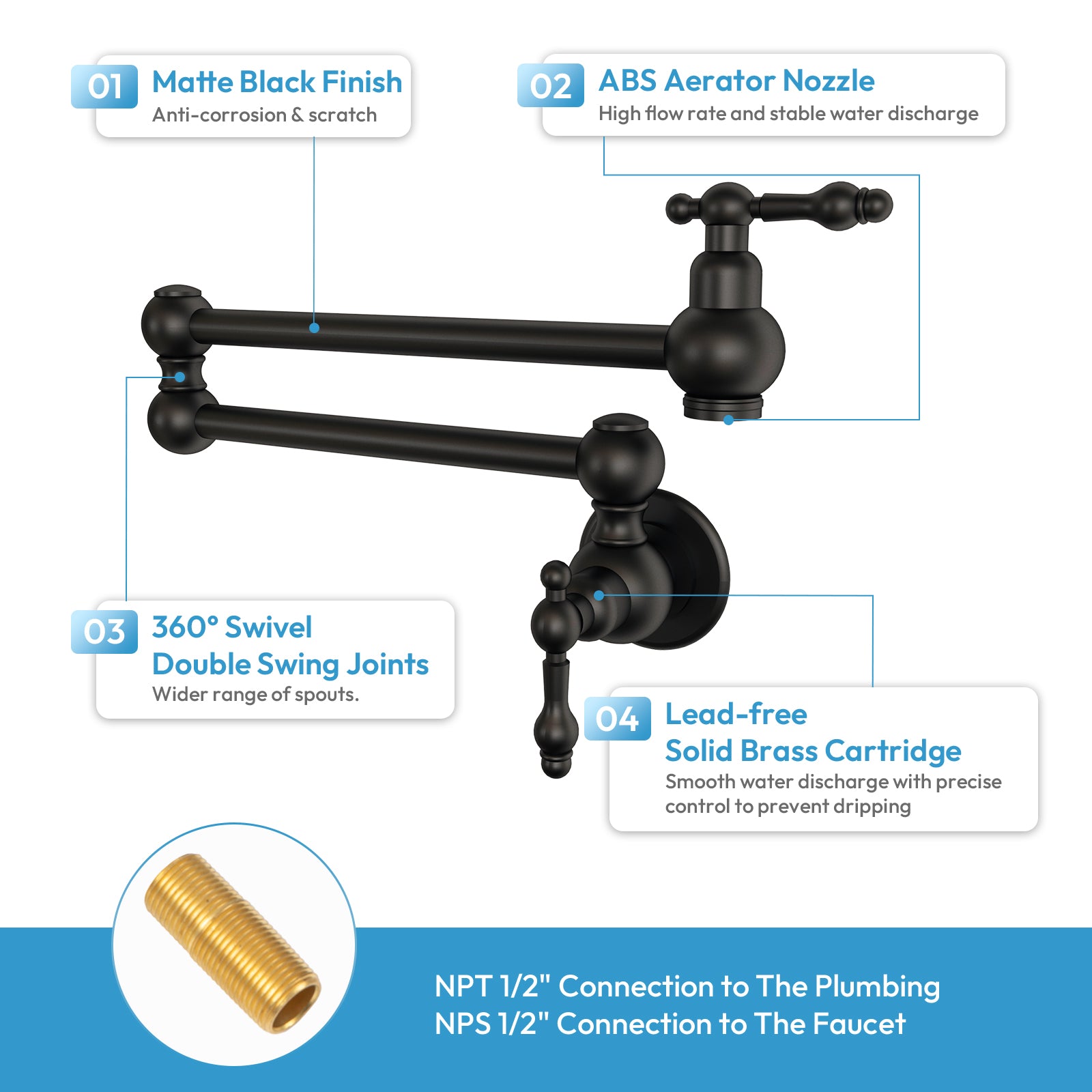 Besdor Brass Pot Filler Faucet Wall Mount Over Stove Faucet Matte Black