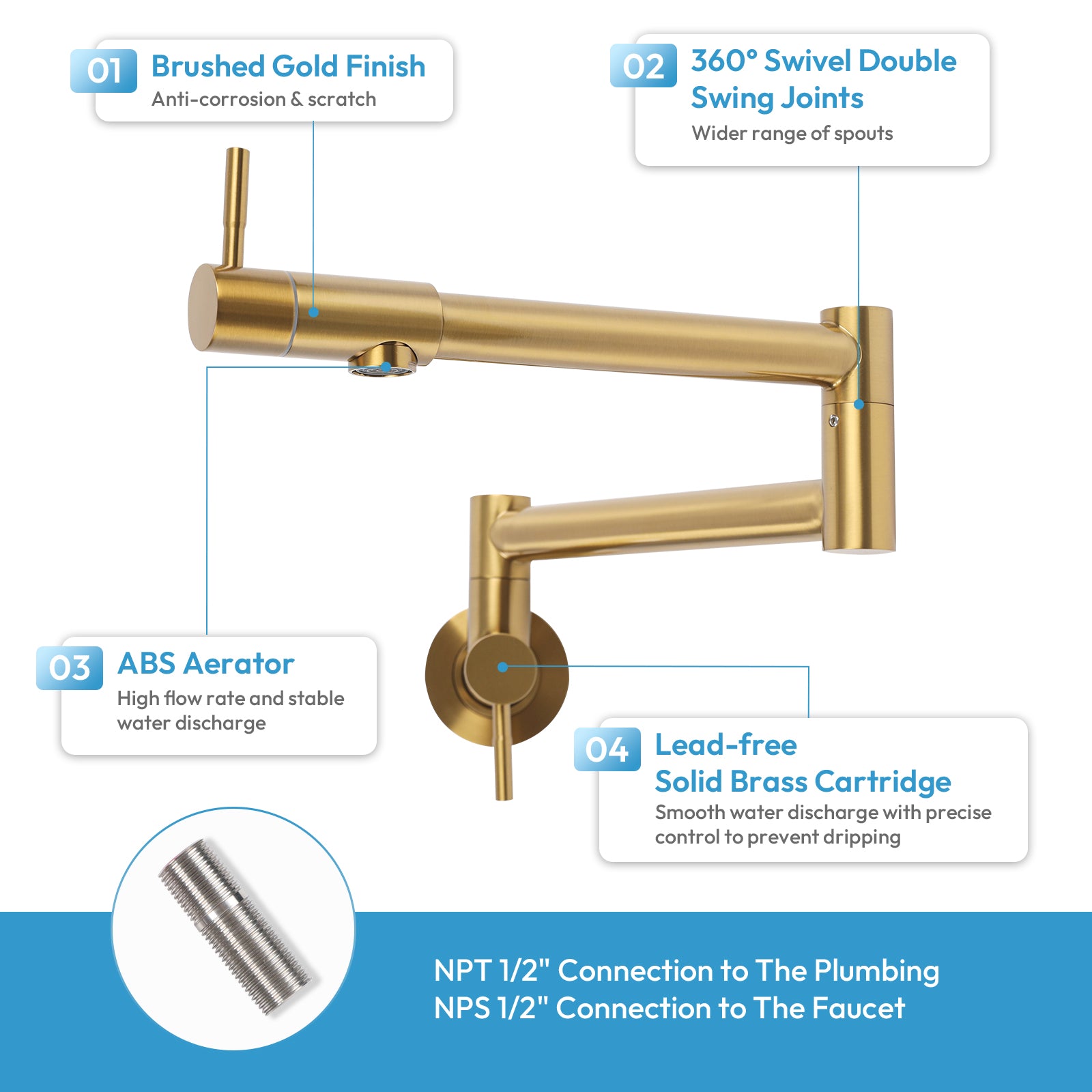 Besdor Pot Filler Faucet Stainless Steel Polished Gold