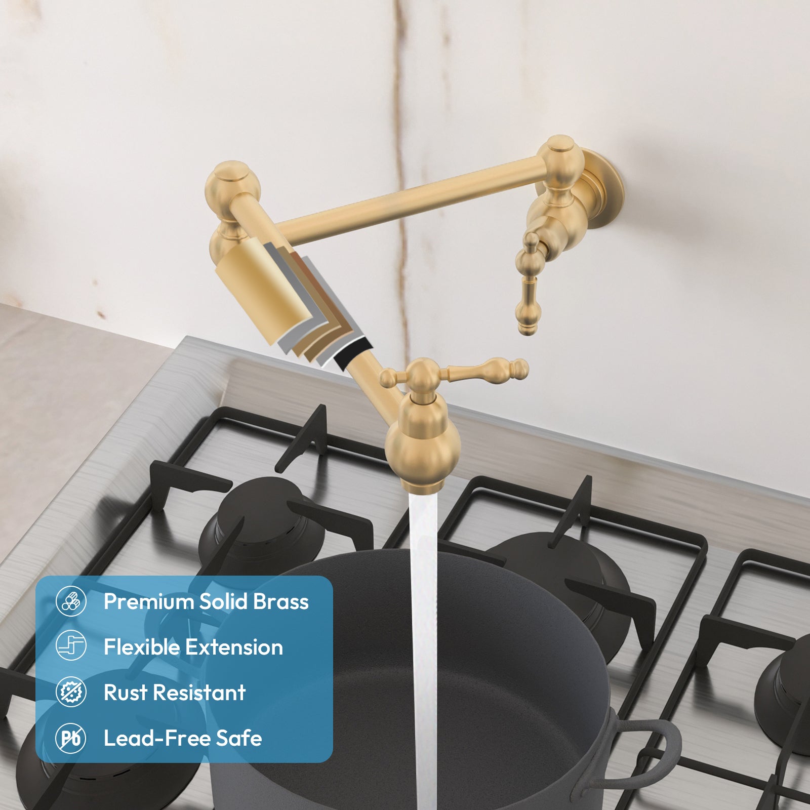 Besdor Brass Pot Filler Faucet Wall Mount Over Stove Faucet Brushed Gold