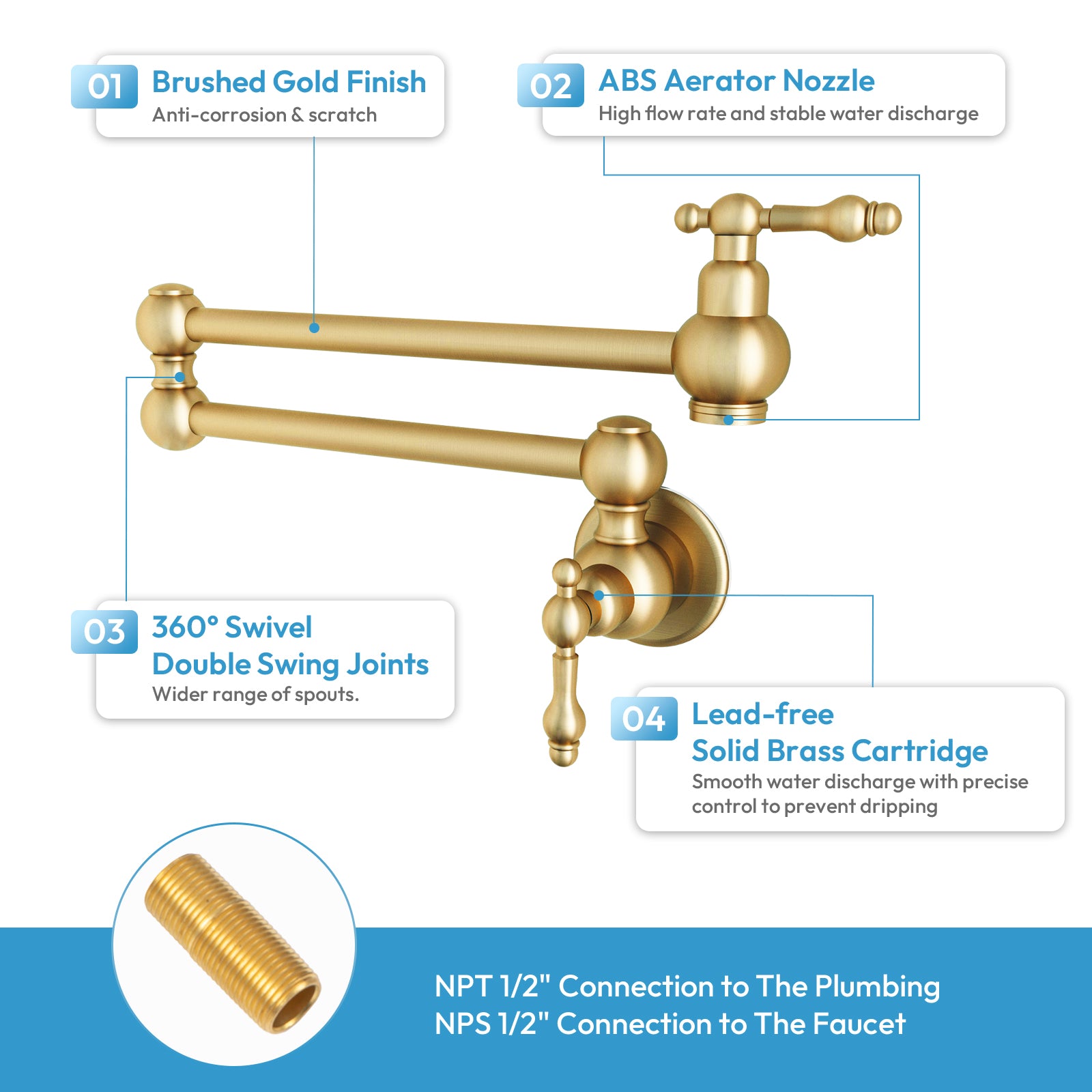 Besdor Brass Pot Filler Faucet Wall Mount Over Stove Faucet Brushed Gold