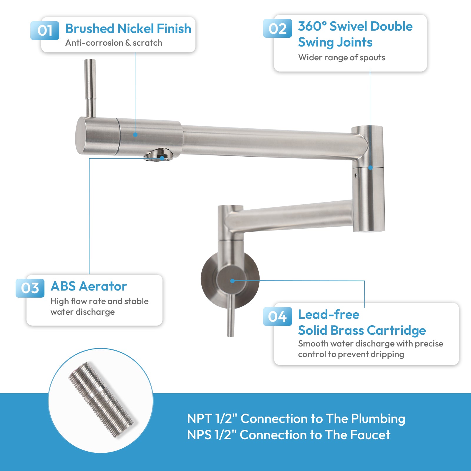 Besdor Pot Filler Faucet Stainless Steel Brushed Nickel