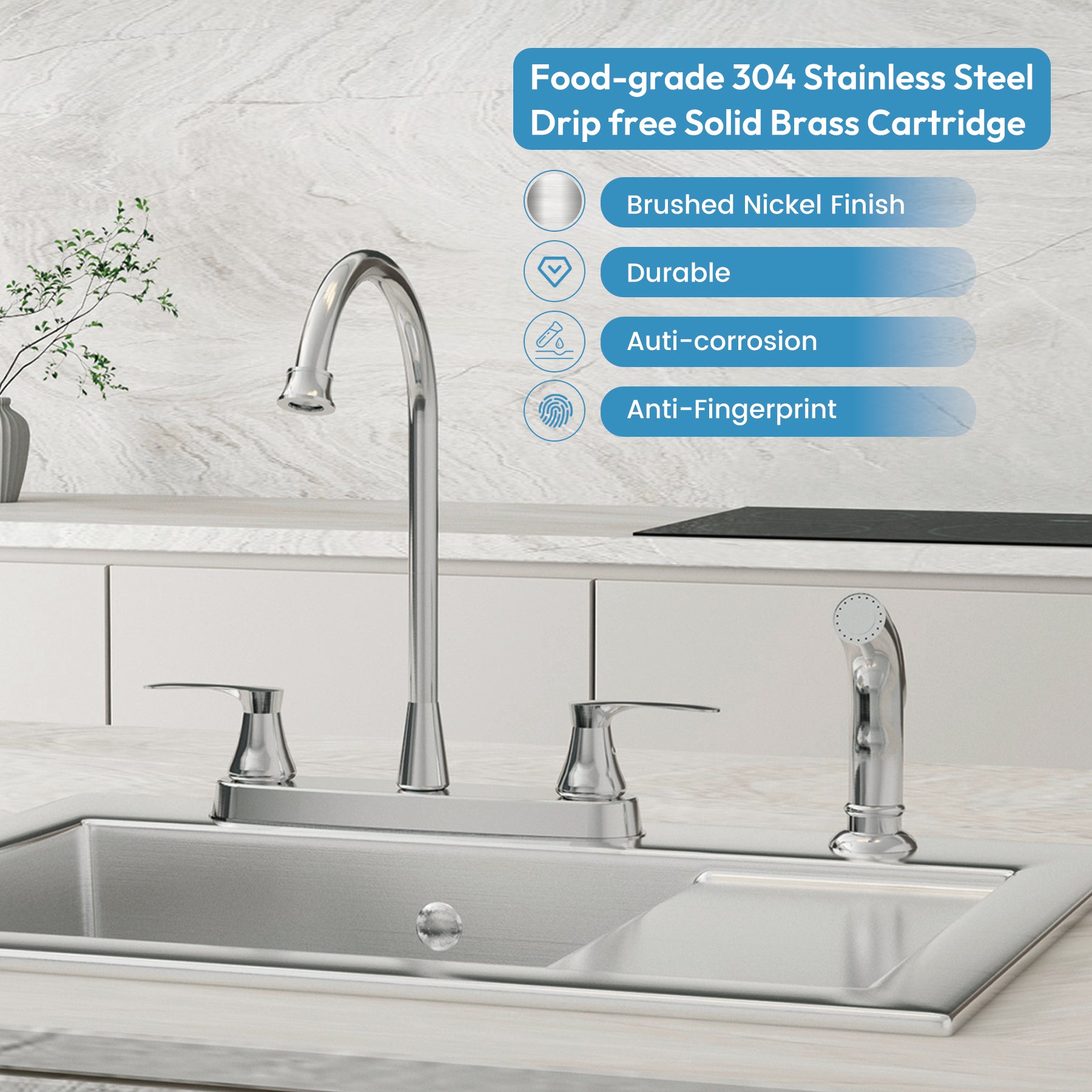 Kitchen Faucet with Side Sprayer, 2 Handle, 3 or 4 Hole, Stainless Steel, Brushed Nickel