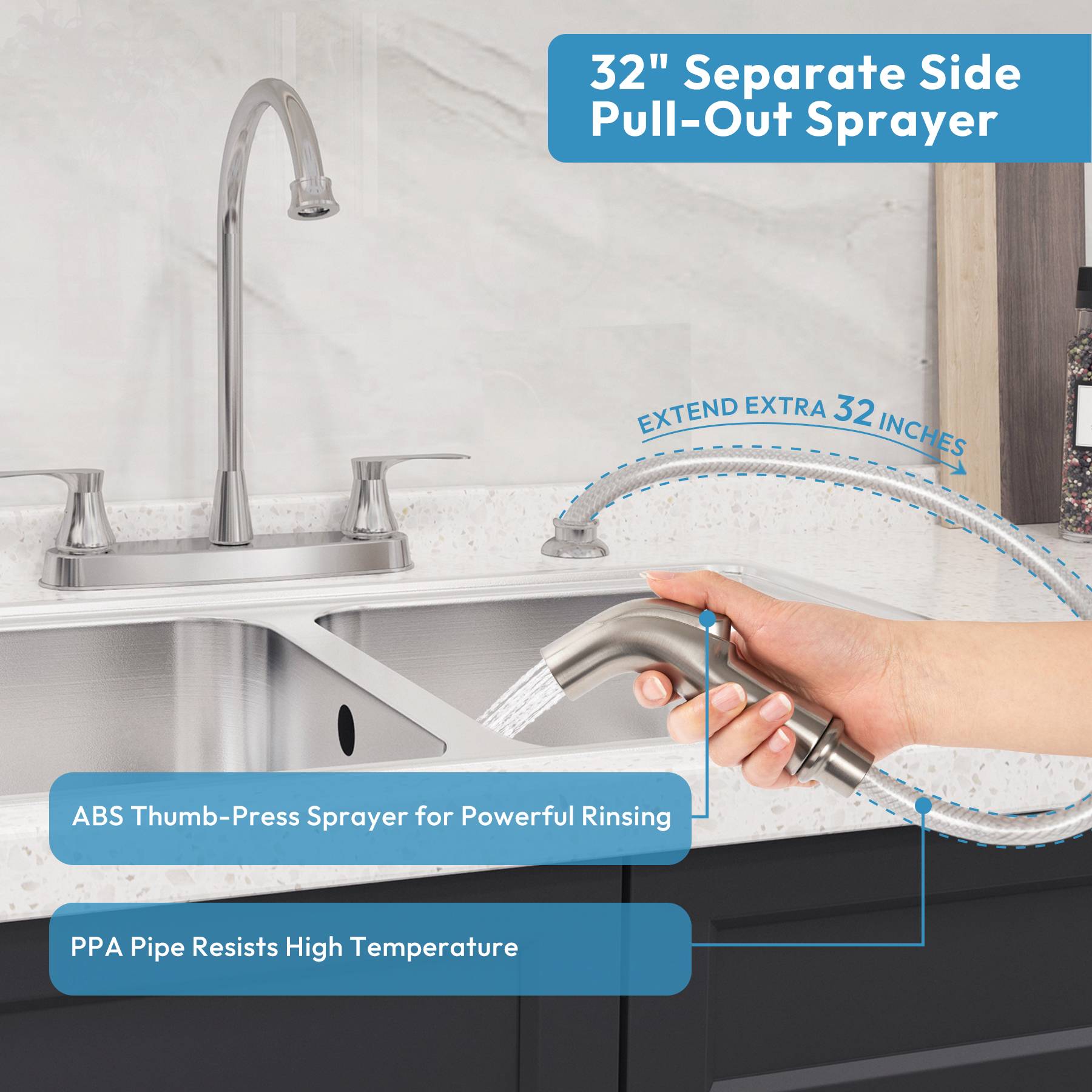 Kitchen Faucet with Side Sprayer, 2 Handle, 3 or 4 Hole, Stainless Steel, Brushed Nickel