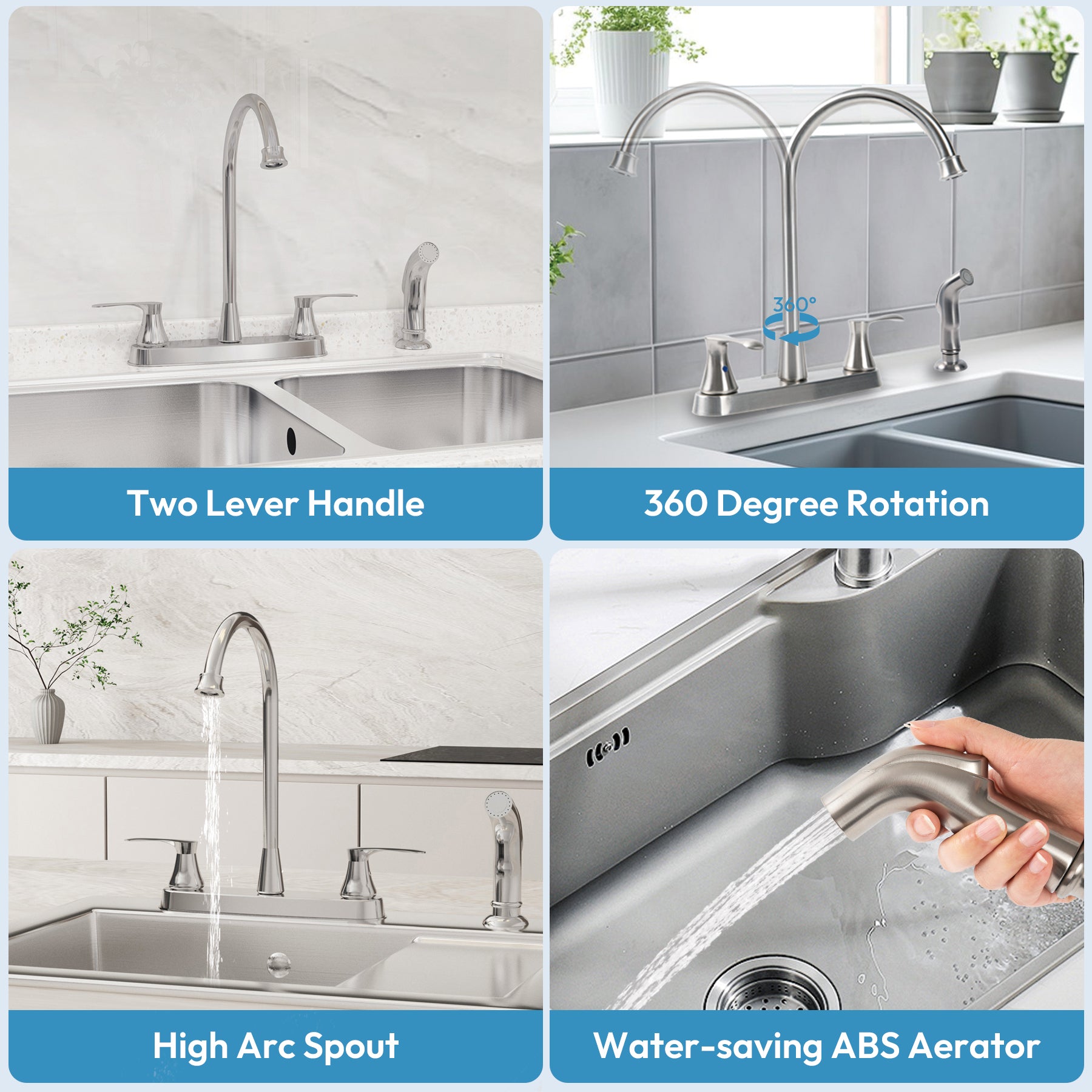 Kitchen Faucet with Side Sprayer, 2 Handle, 3 or 4 Hole, Stainless Steel, Brushed Nickel