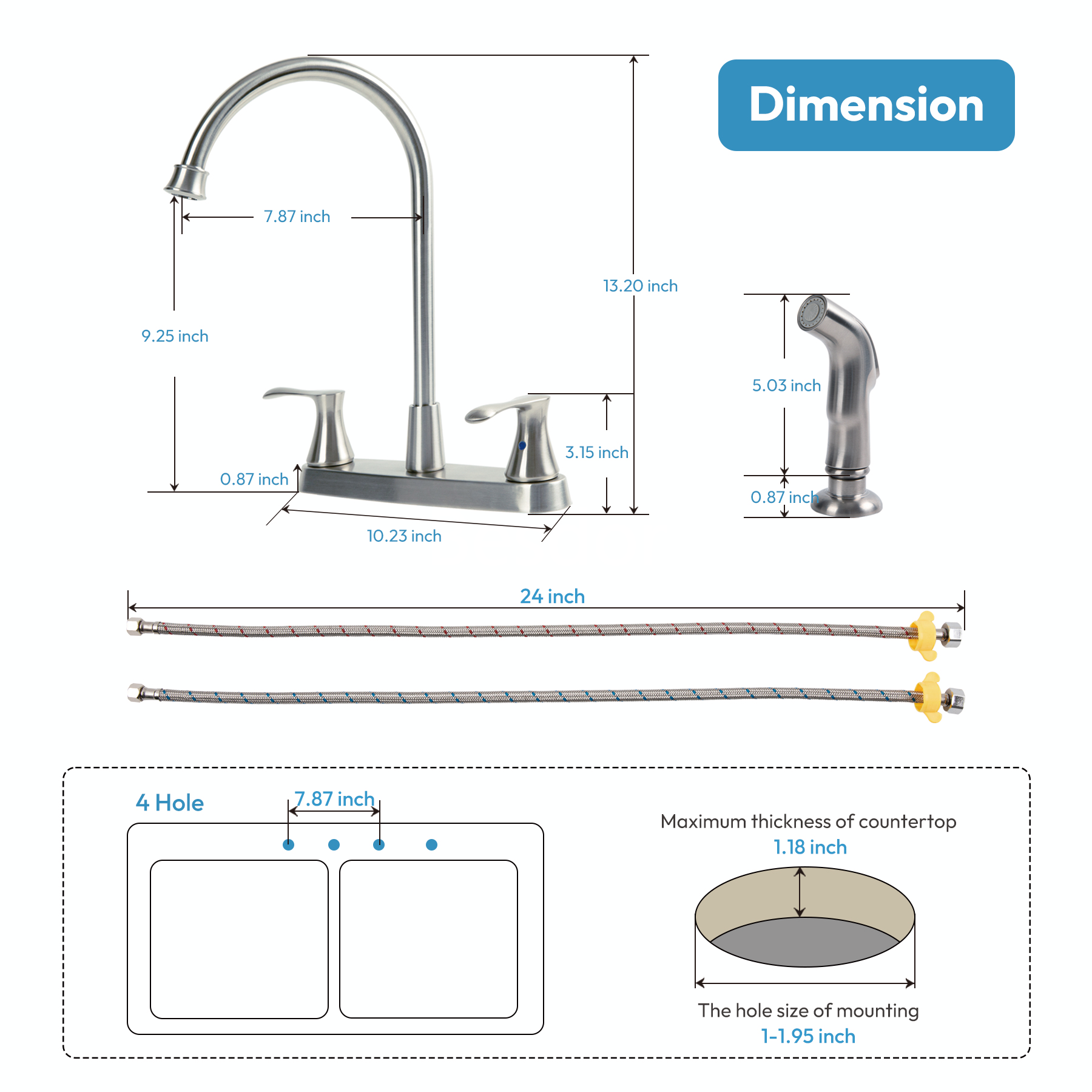 Kitchen Faucet with Side Sprayer, 2 Handle, 3 or 4 Hole, Stainless Steel, Brushed Nickel