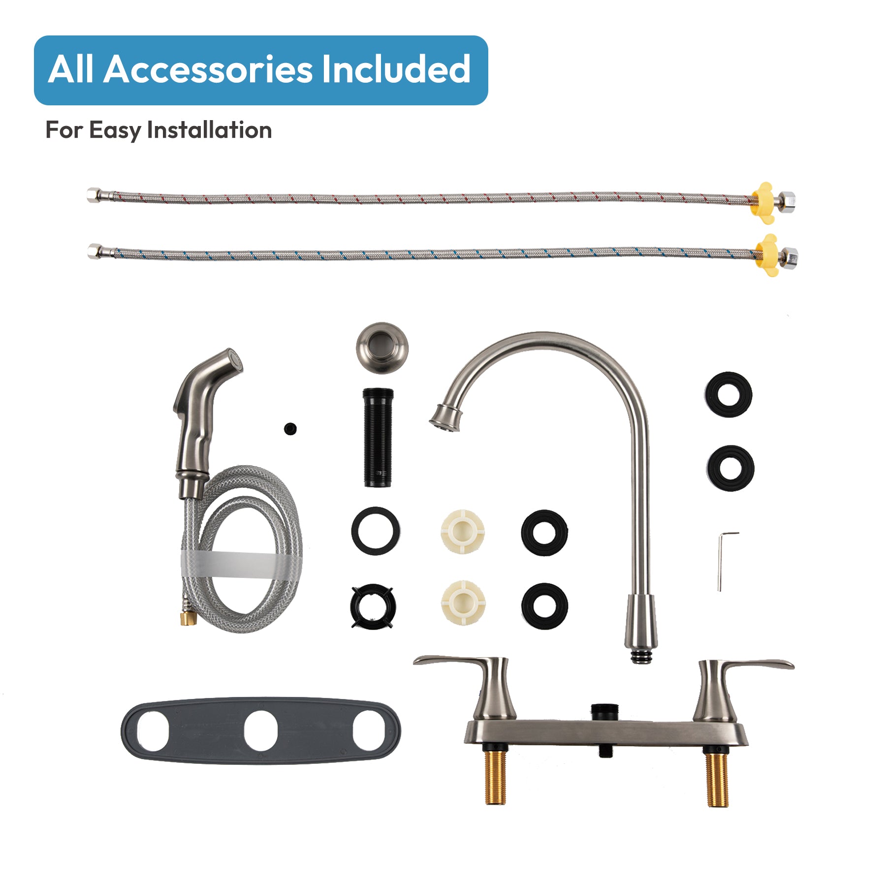 Kitchen Faucet with Side Sprayer, 2 Handle, 3 or 4 Hole, Stainless Steel, Brushed Nickel