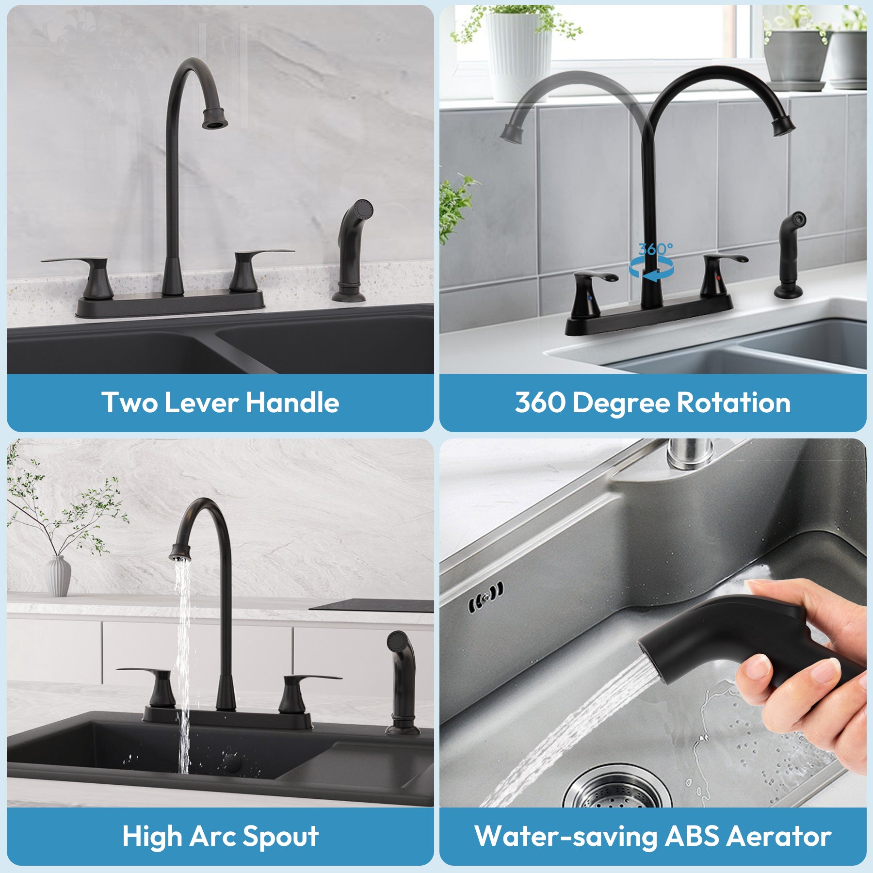 Kitchen Faucet with Side Sprayer, 2 Handle, 3 or 4 Hole, Stainless Steel, Matte Black