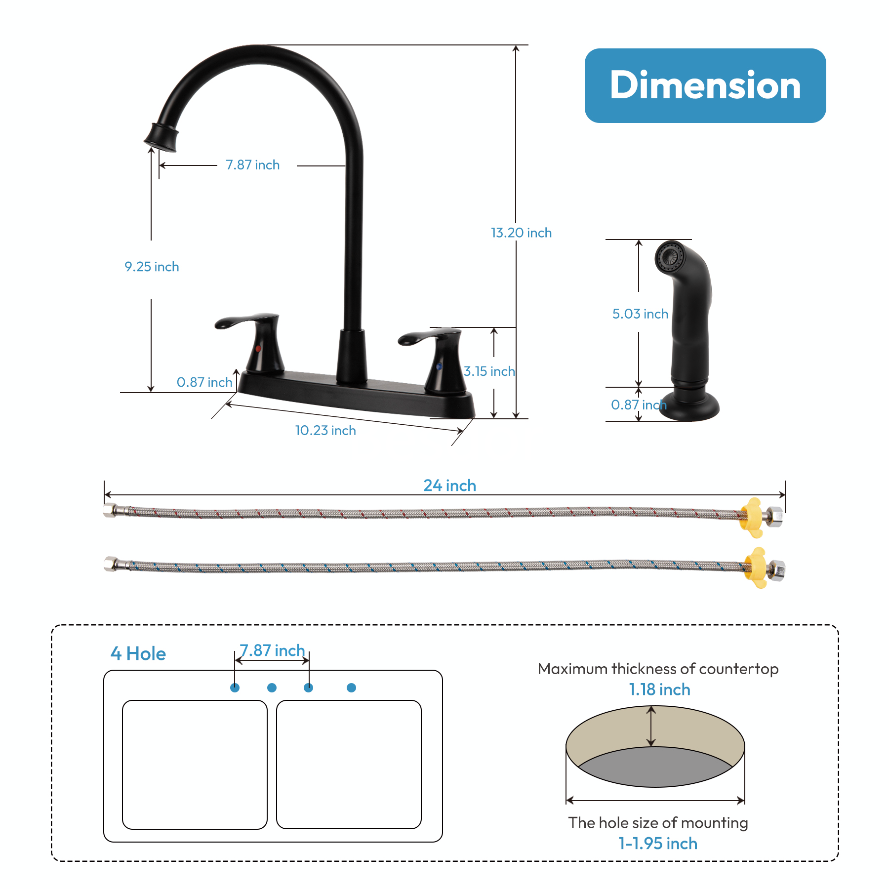 Kitchen Faucet with Side Sprayer, 2 Handle, 3 or 4 Hole, Stainless Steel, Matte Black