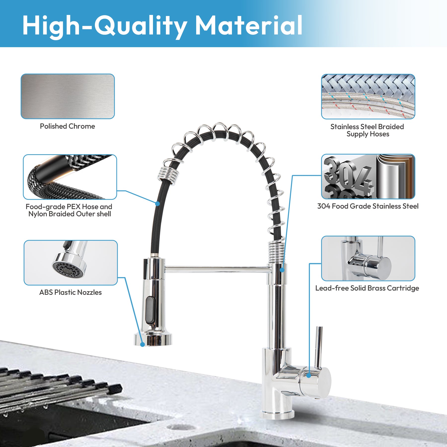 Kitchen Faucet With Sprayer Spring Faucet, Polished Chrome (Non Pull Down)