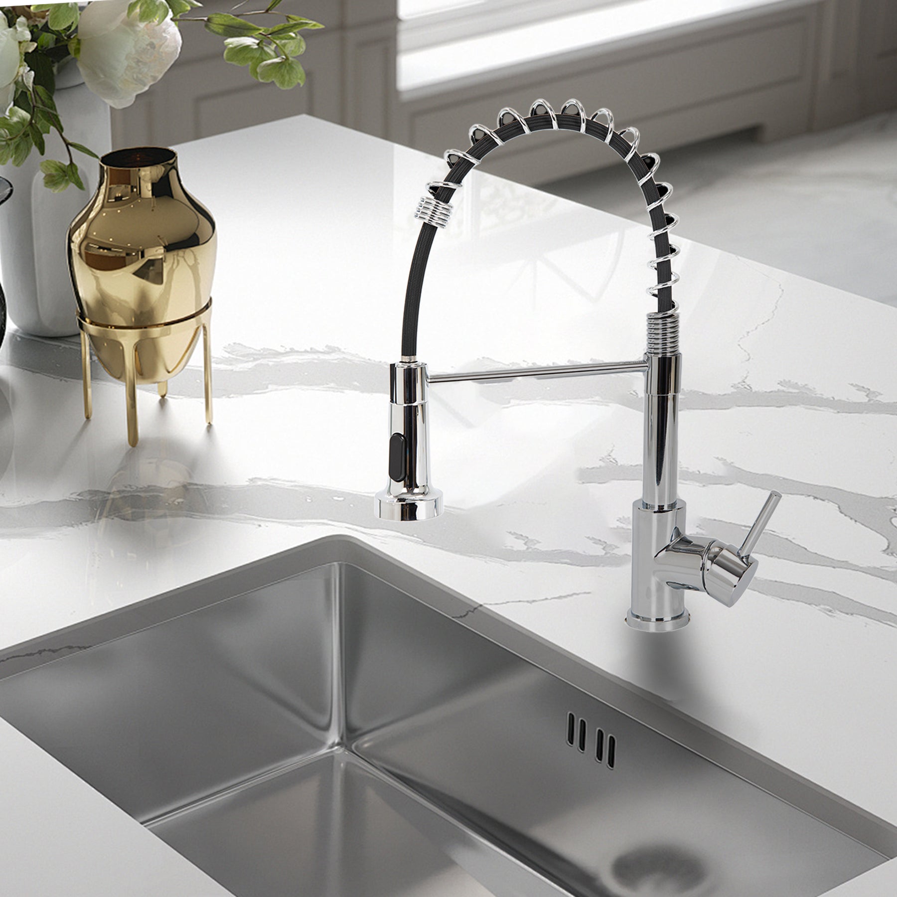 Kitchen Faucet With Sprayer Spring Faucet, Polished Chrome (Non Pull Down)