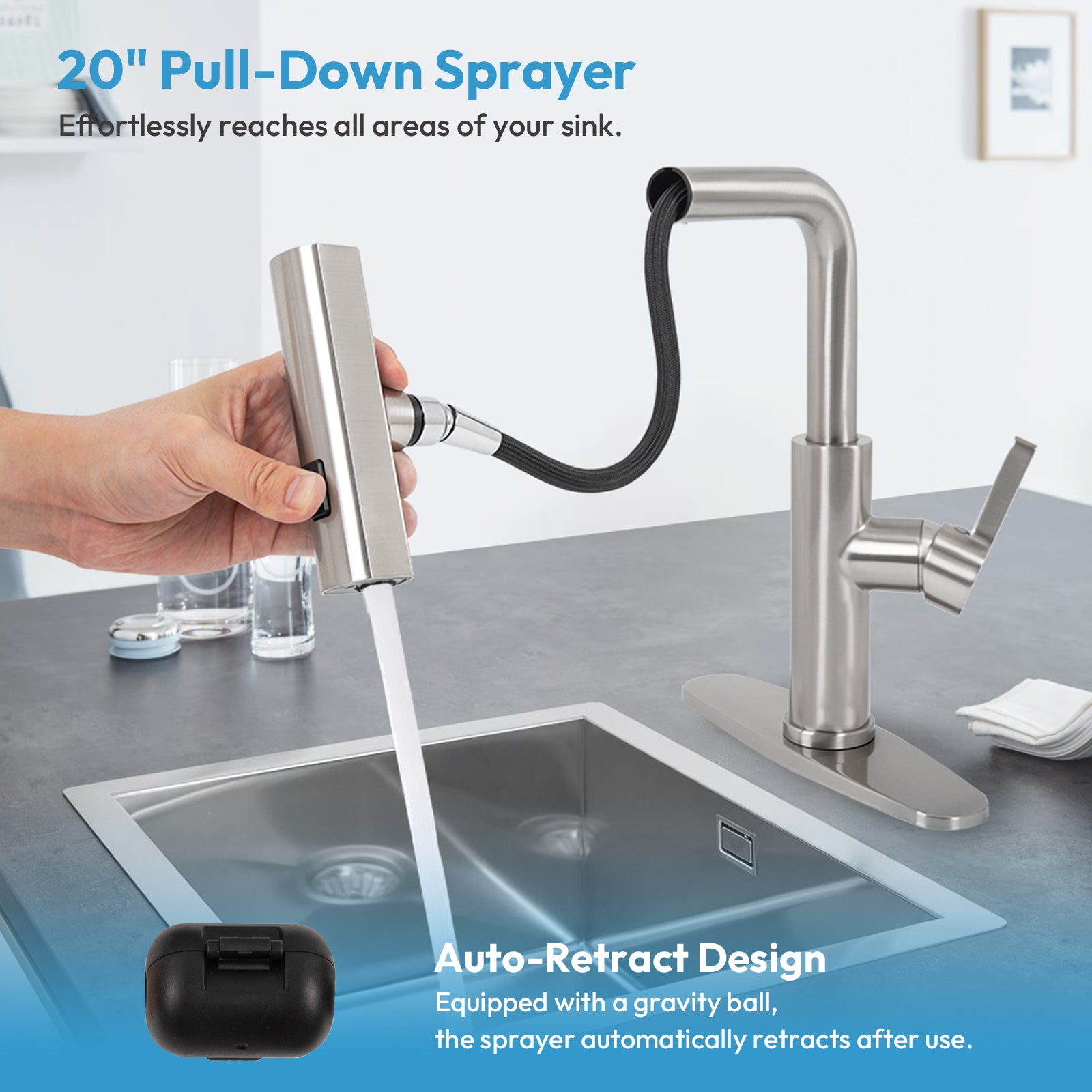 Besdor Waterfall Kitchen Faucet with Pull Down Sprayer Brushed Nickel