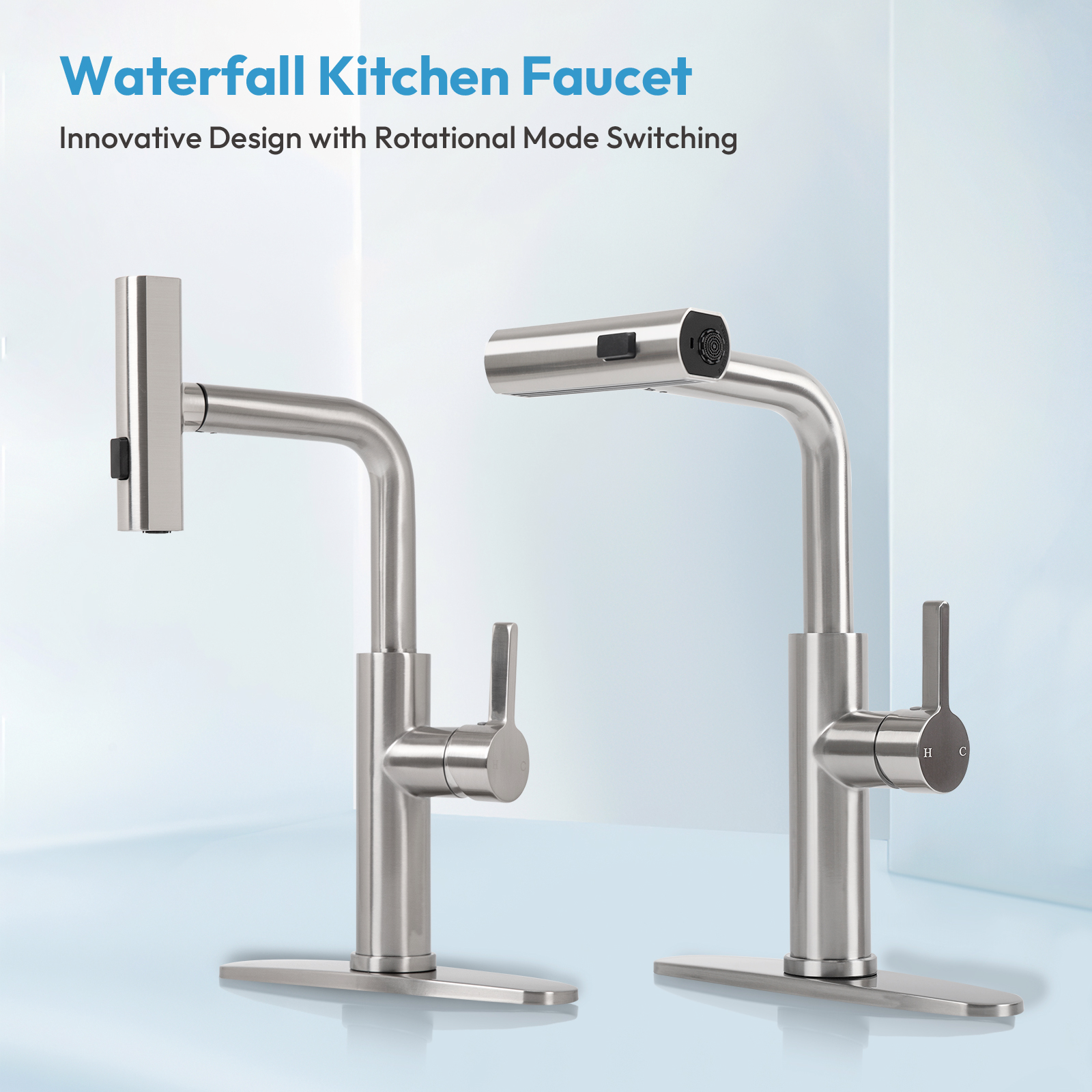 Besdor Waterfall Kitchen Faucet with Pull Down Sprayer Brushed Nickel