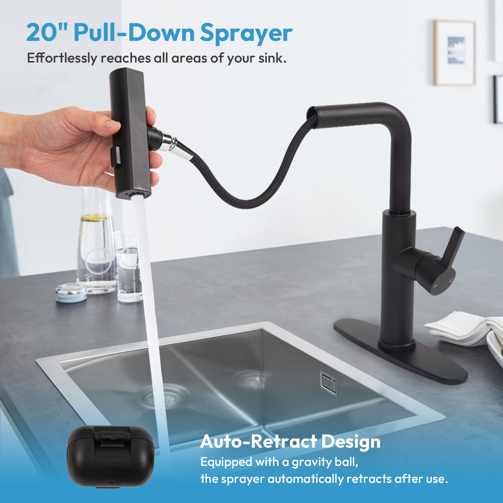 Besdor Waterfall Kitchen Faucet with Pull Down Sprayer Matte Black