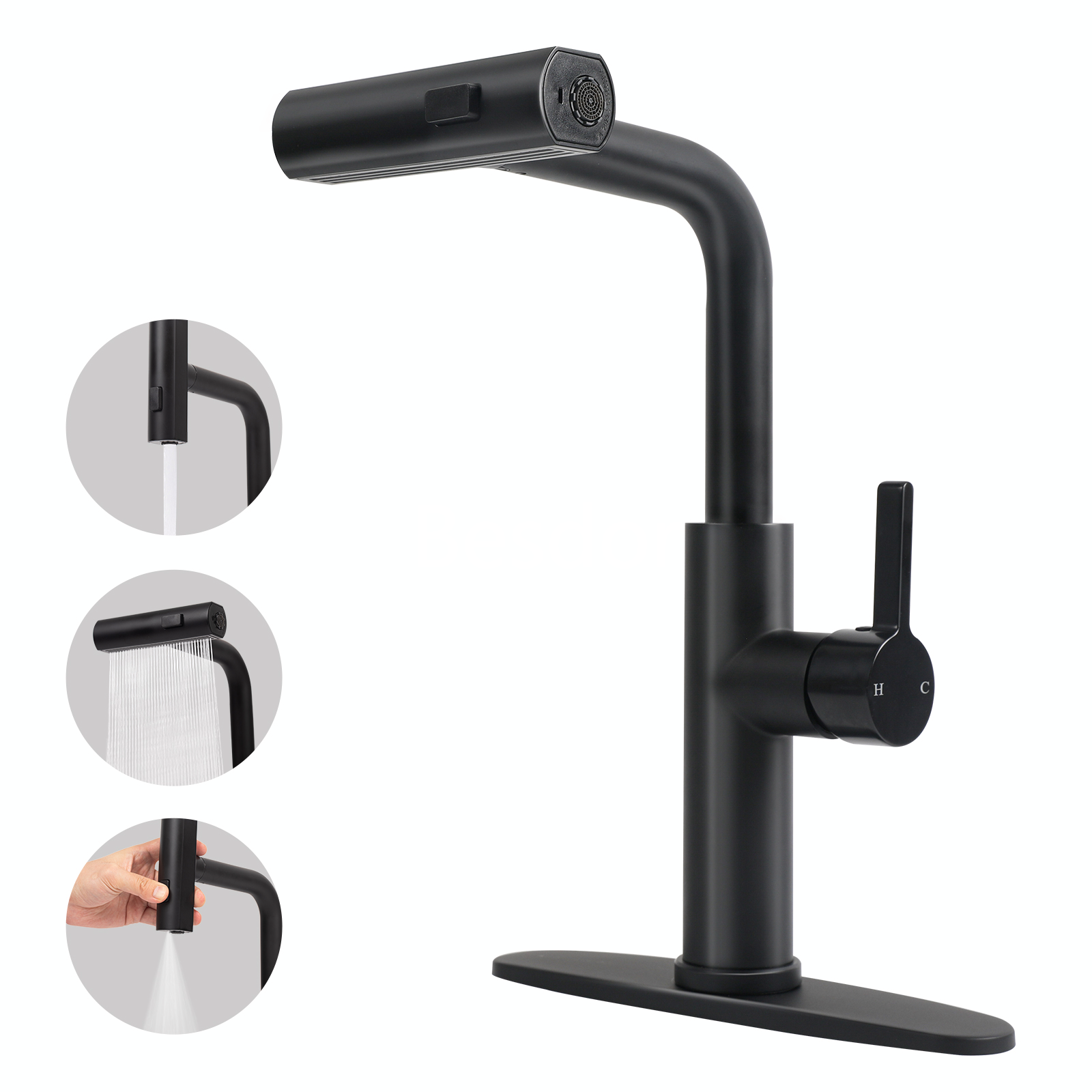 Besdor Waterfall Kitchen Faucet with Pull Down Sprayer Matte Black