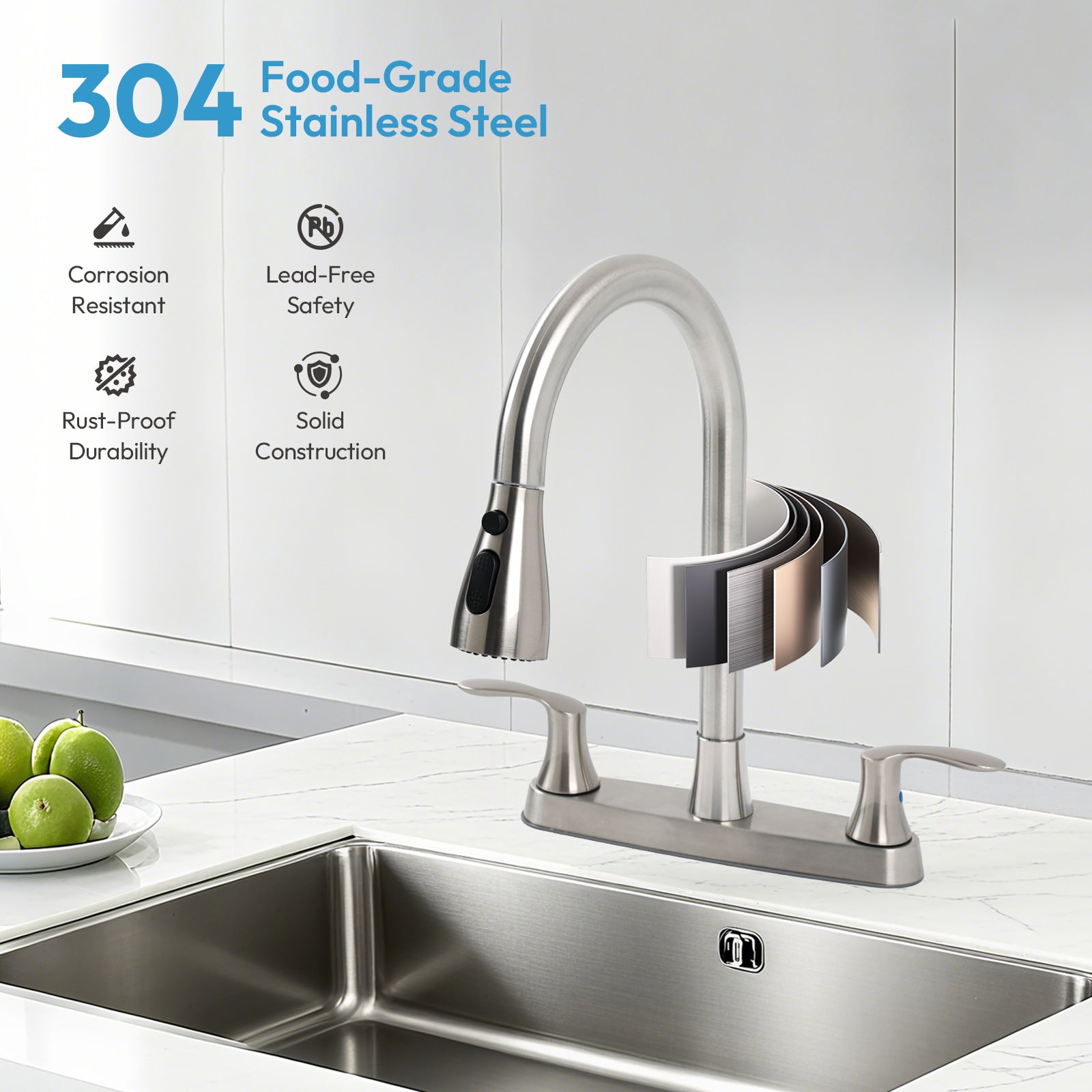 Besdor 3 Hole 2 Handle Kitchen Faucet with Pull Down Sprayer, Brushed Nickel