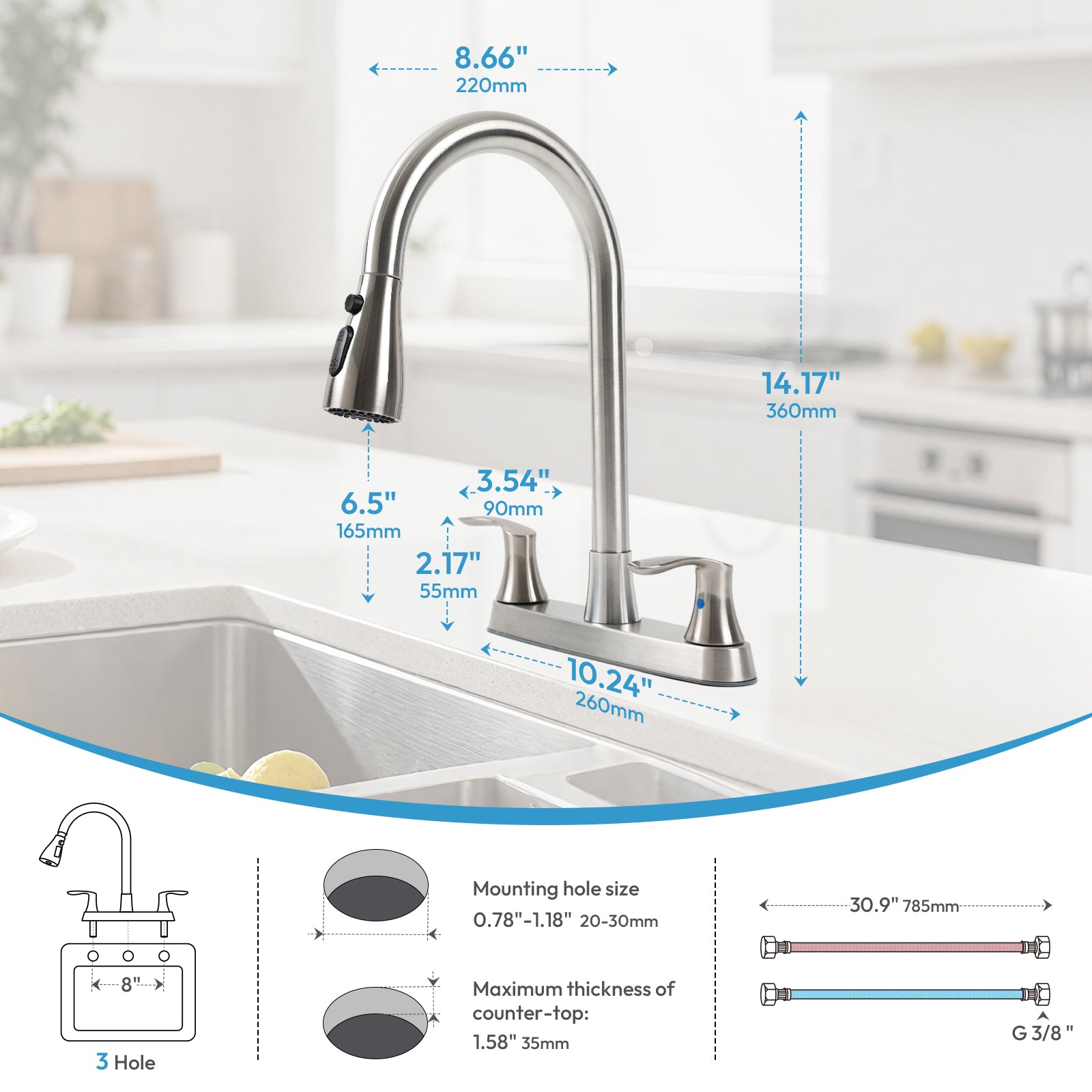 Besdor 3 Hole 2 Handle Kitchen Faucet with Pull Down Sprayer, Brushed Nickel