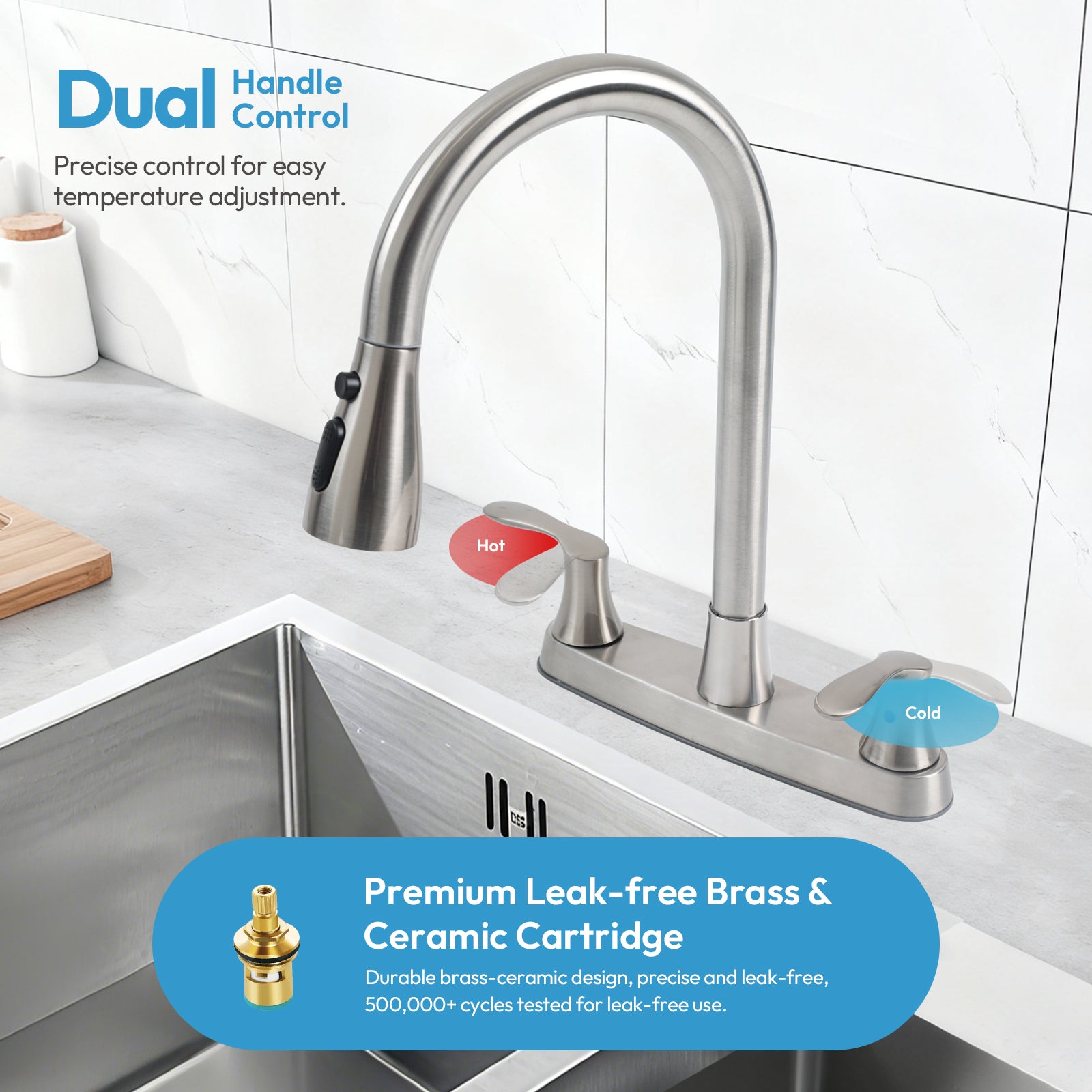 Besdor 3 Hole 2 Handle Kitchen Faucet with Pull Down Sprayer, Brushed Nickel