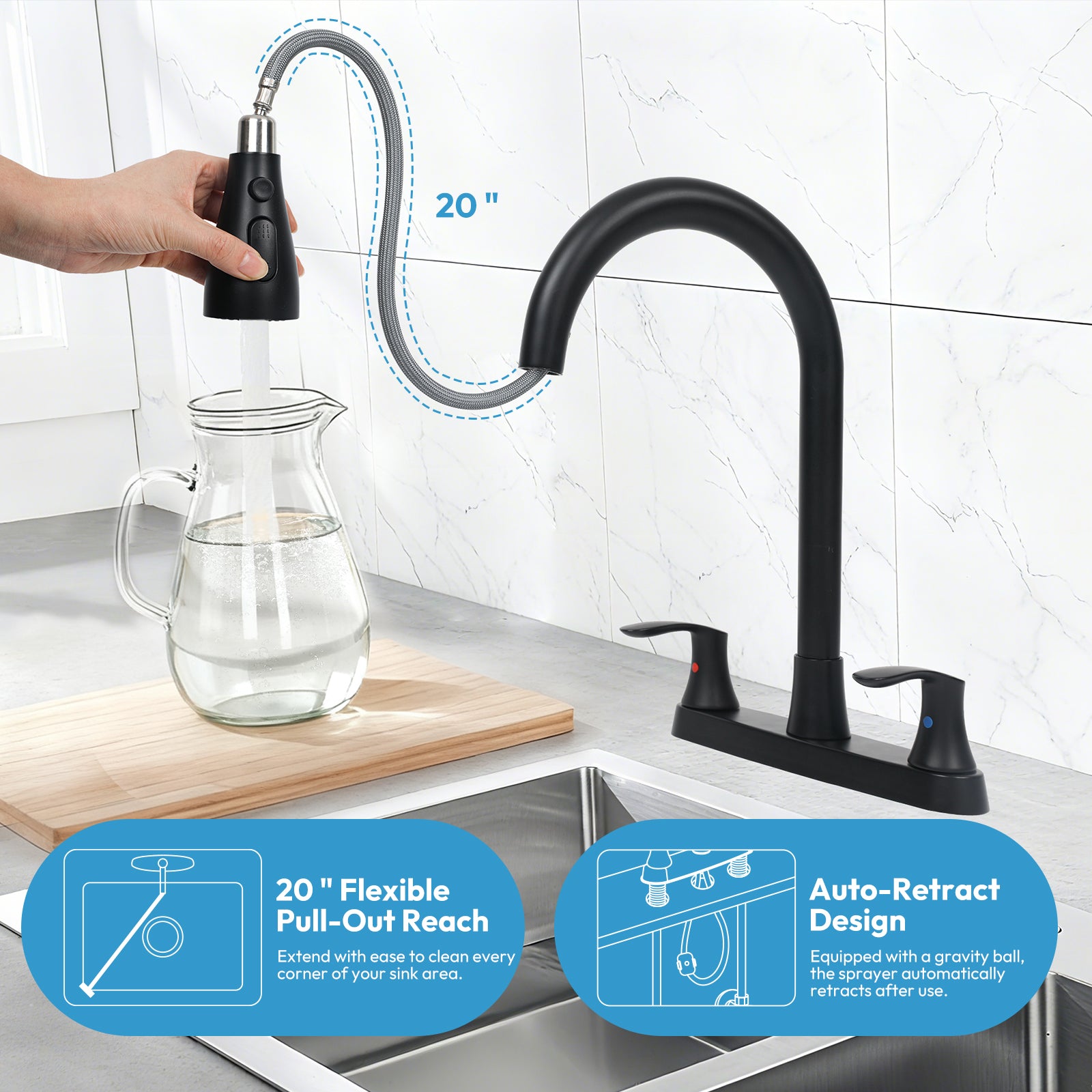 Besdor 3 Hole 2 Handle Kitchen Faucet with Pull Down Sprayer, Matte Black