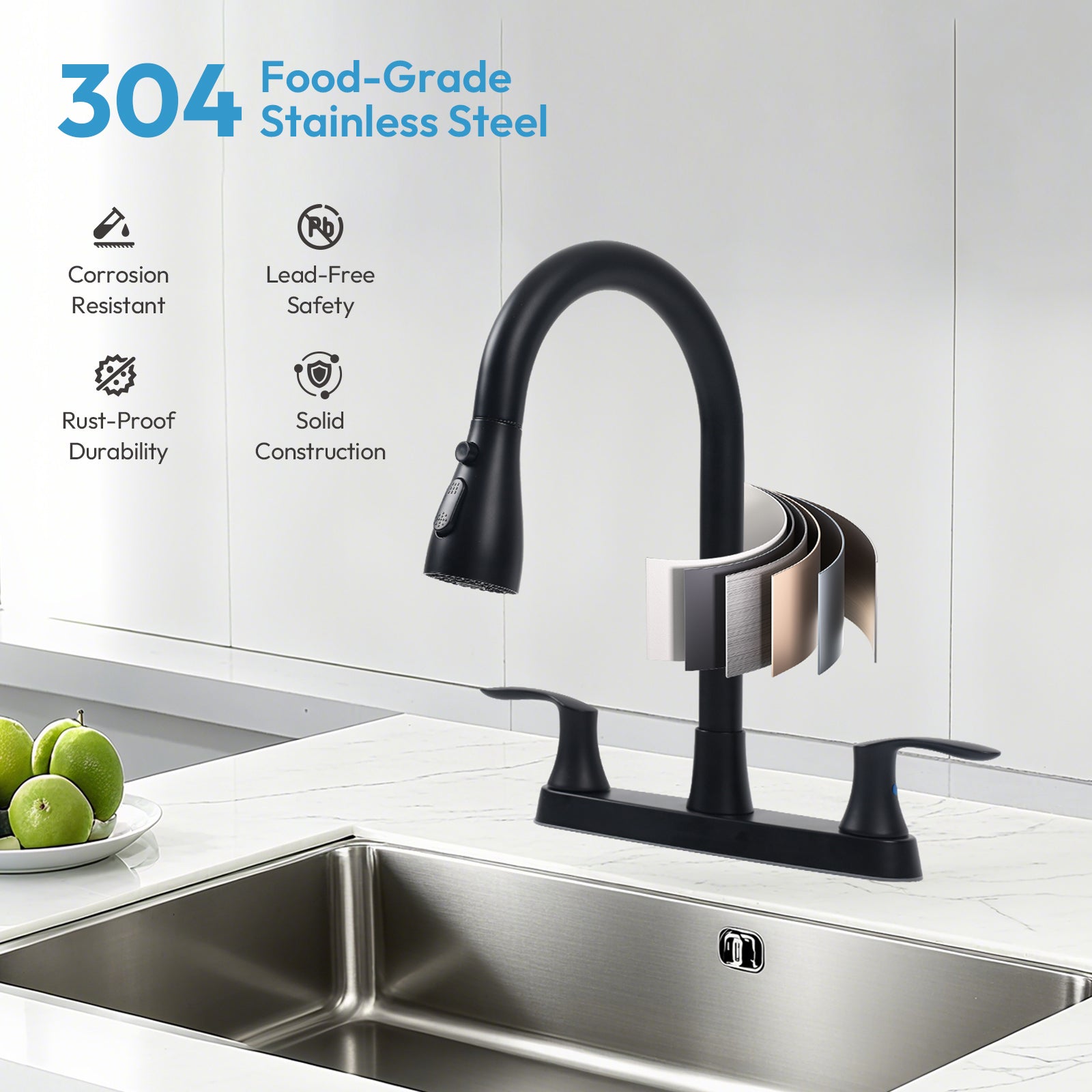 Besdor 3 Hole 2 Handle Kitchen Faucet with Pull Down Sprayer, Matte Black