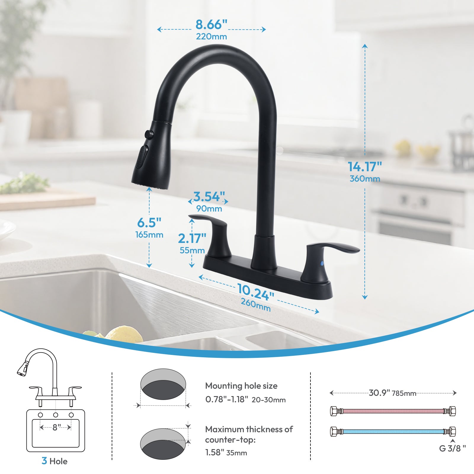 Besdor 3 Hole 2 Handle Kitchen Faucet with Pull Down Sprayer, Matte Black