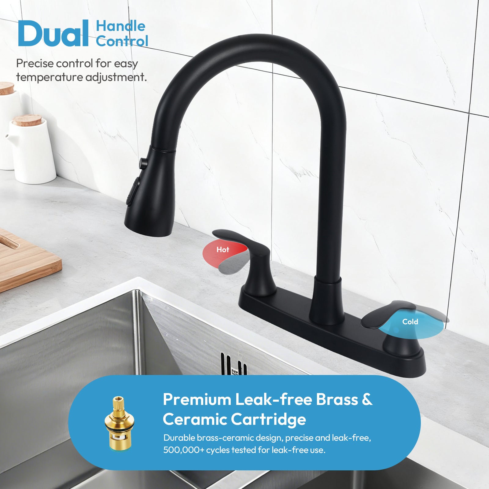 Besdor 3 Hole 2 Handle Kitchen Faucet with Pull Down Sprayer, Matte Black