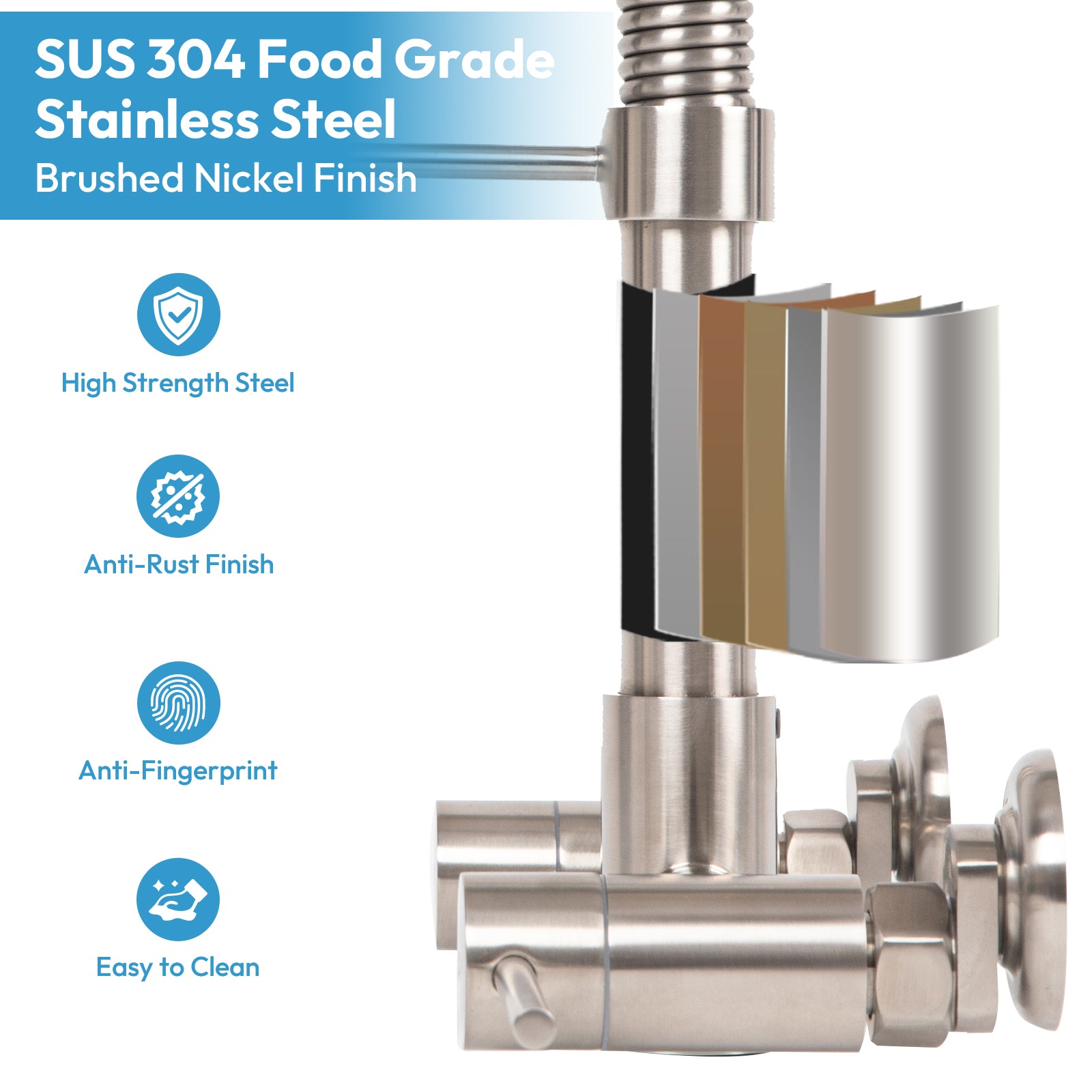 Besdor Wall Mount Kitchen Faucet with Pull Down Sprayer, Stainless Steel, Brushed Nickel