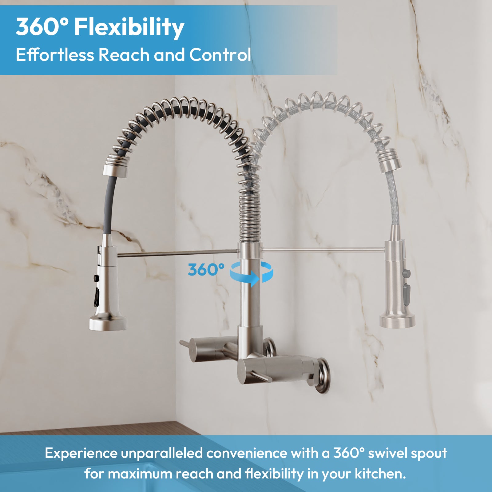 Besdor Wall Mount Kitchen Faucet with Pull Down Sprayer, Stainless Steel, Brushed Nickel