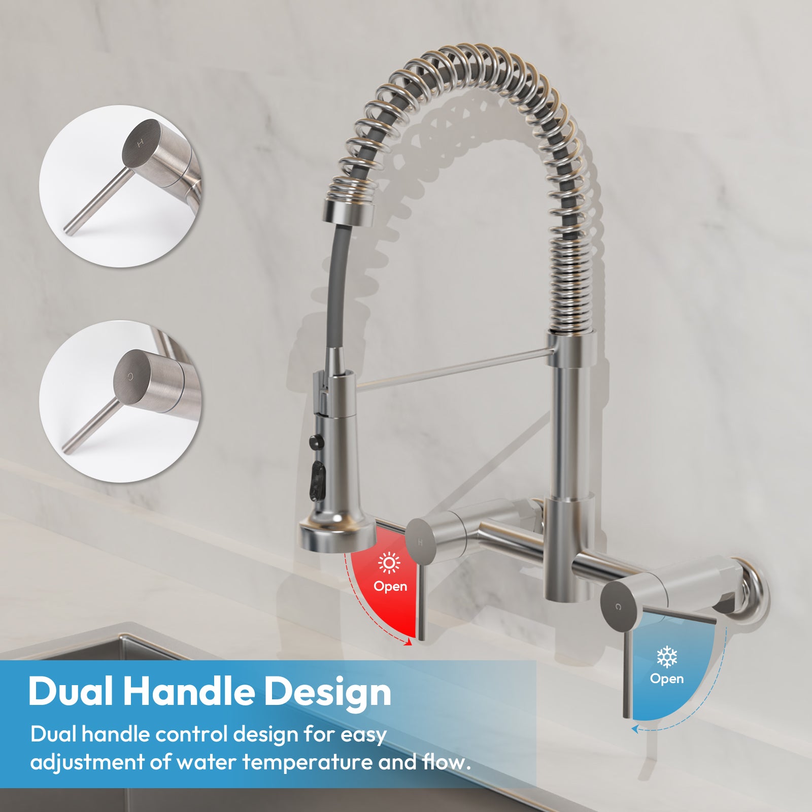 Besdor Wall Mount Kitchen Faucet with Pull Down Sprayer, Stainless Steel, Brushed Nickel