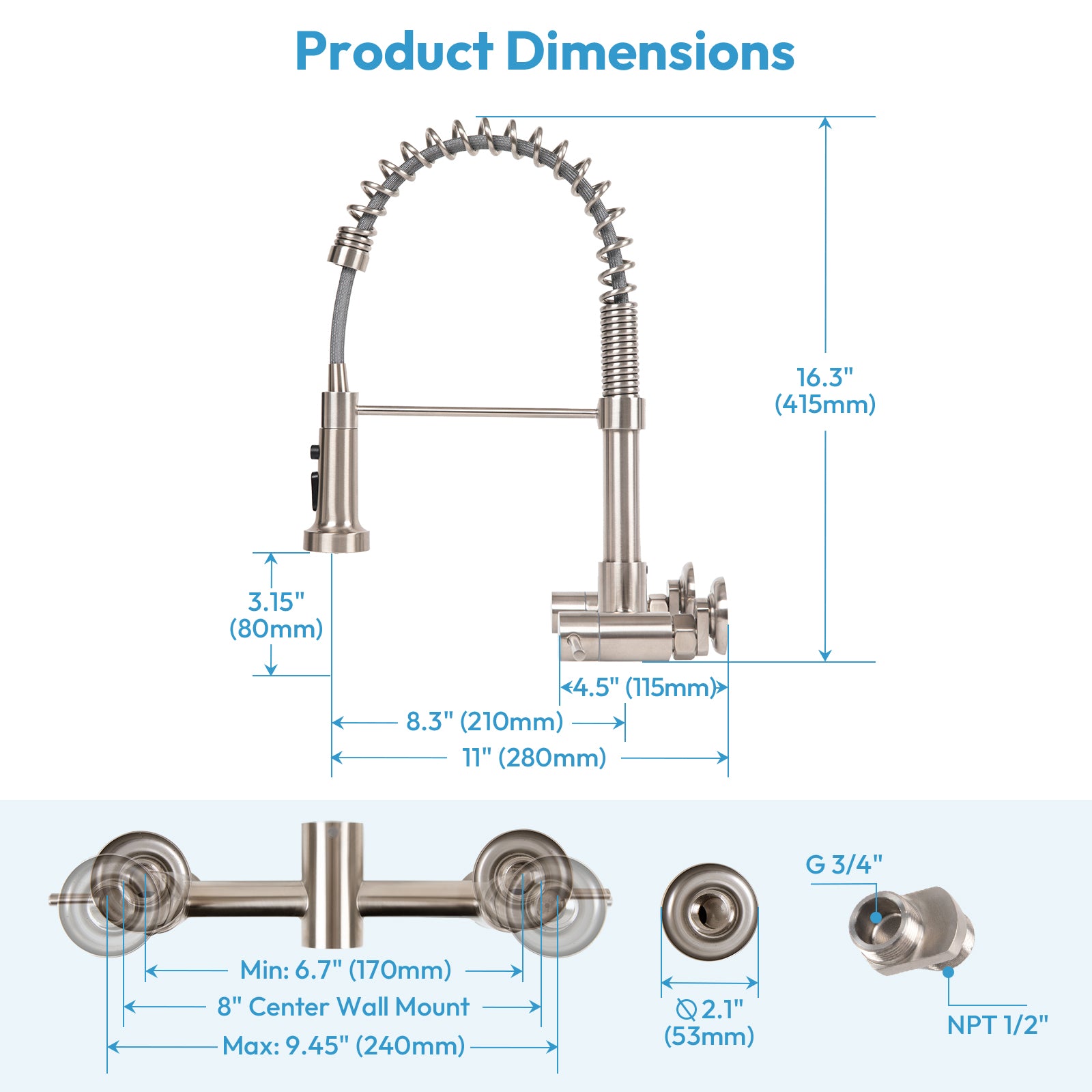 Besdor Wall Mount Kitchen Faucet with Pull Down Sprayer, Stainless Steel, Brushed Nickel
