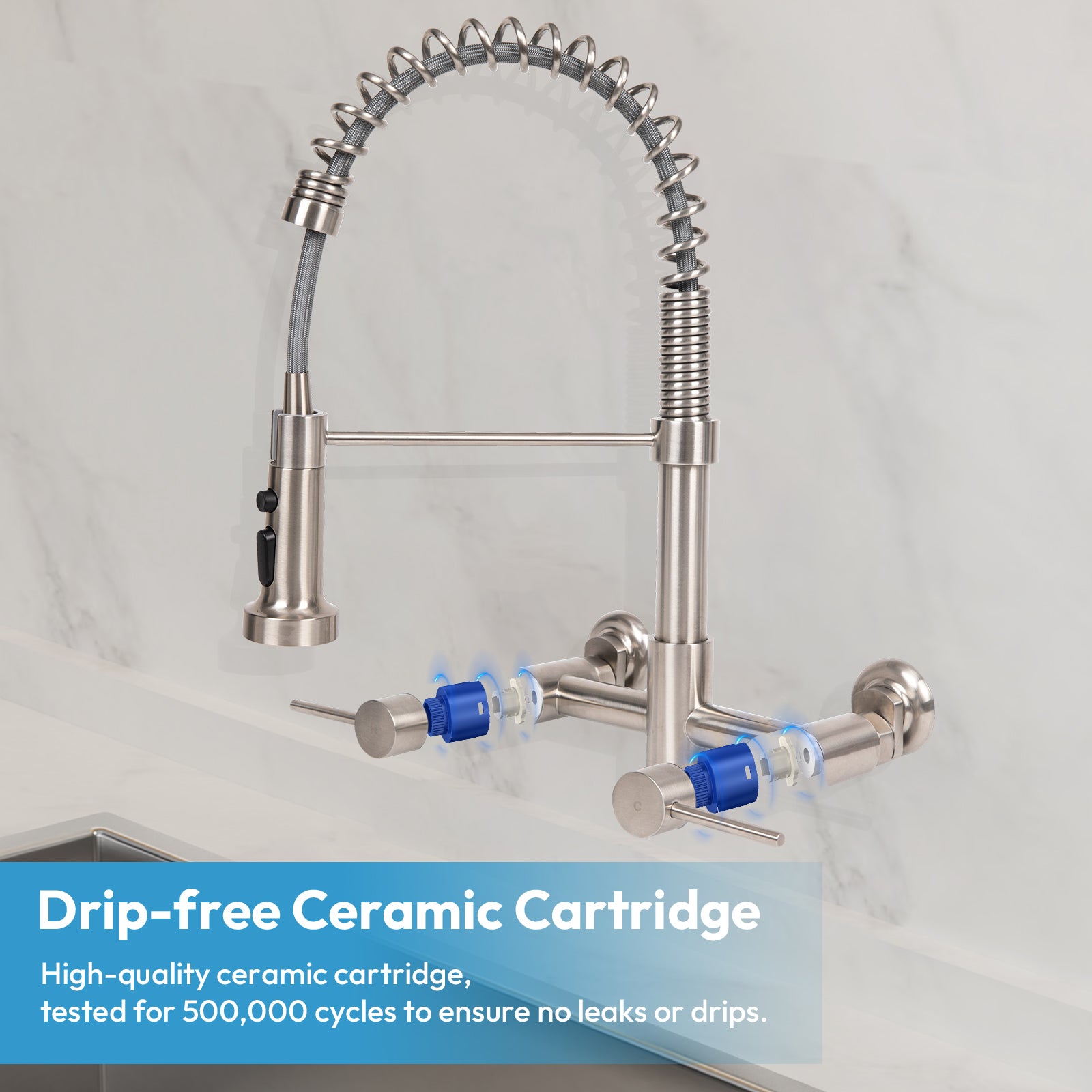 Besdor Wall Mount Kitchen Faucet with Pull Down Sprayer, Stainless Steel, Brushed Nickel