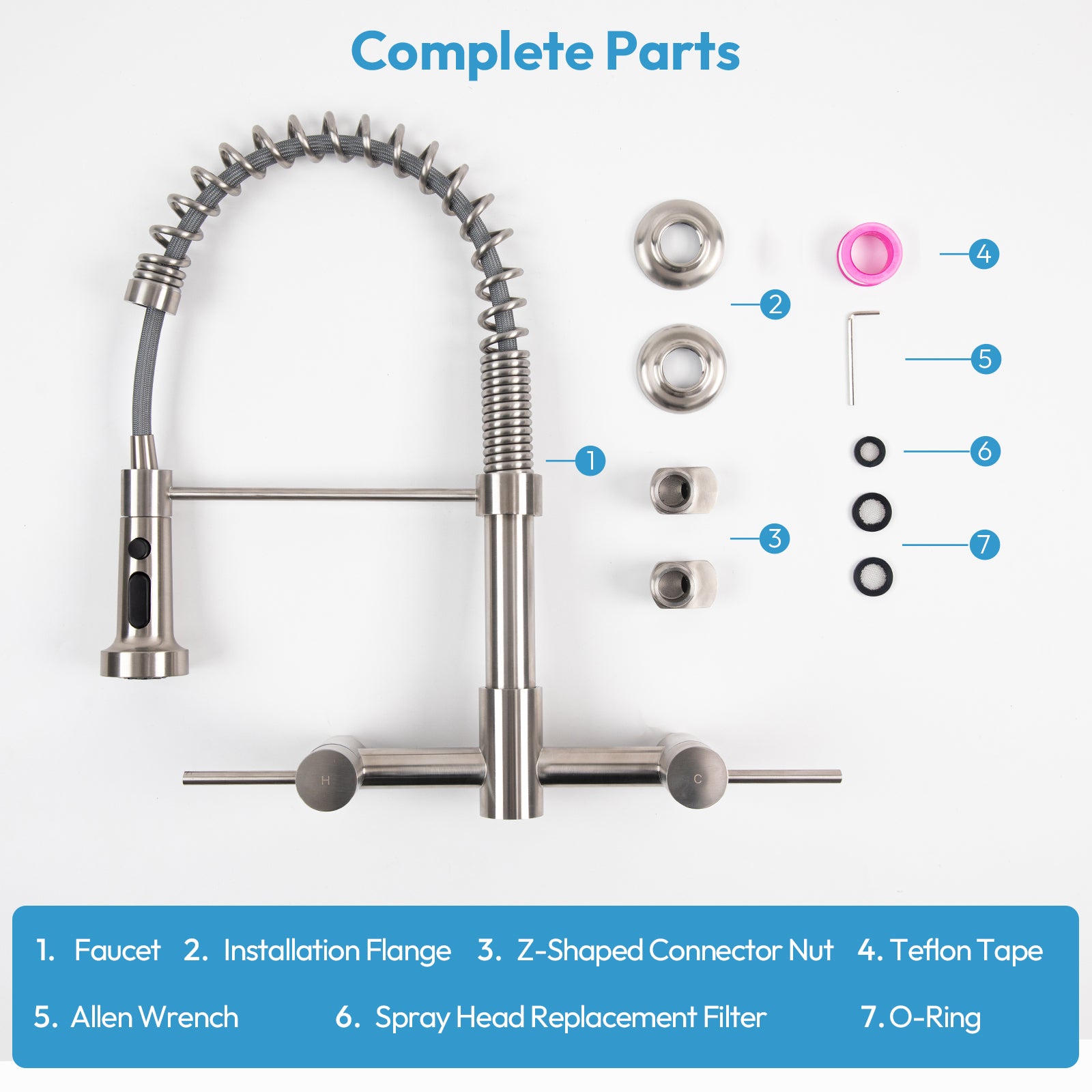 Besdor Wall Mount Kitchen Faucet with Pull Down Sprayer, Stainless Steel, Brushed Nickel