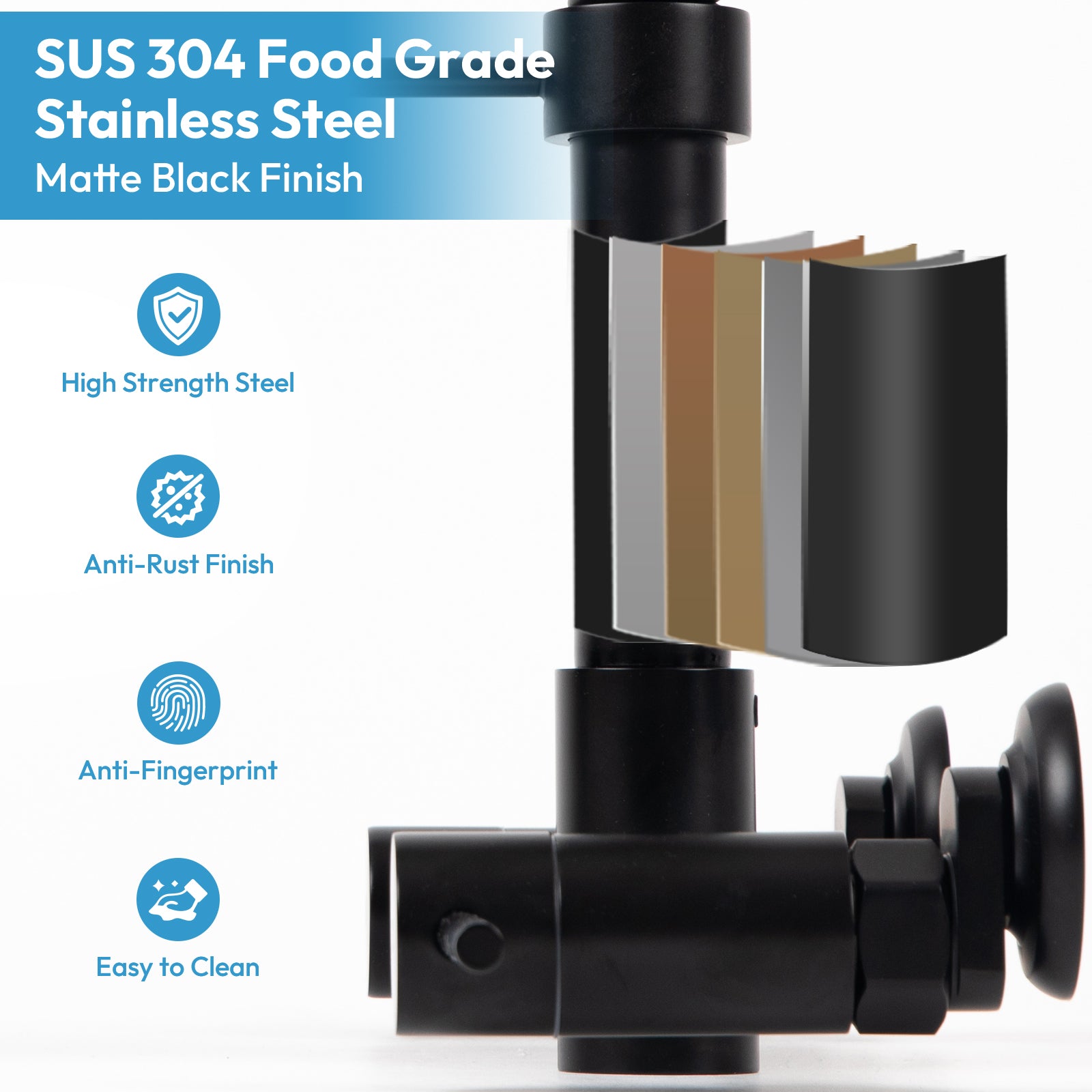 Besdor Wall Mount Kitchen Faucet with Pull Down Sprayer, Stainless Steel, Matte Black