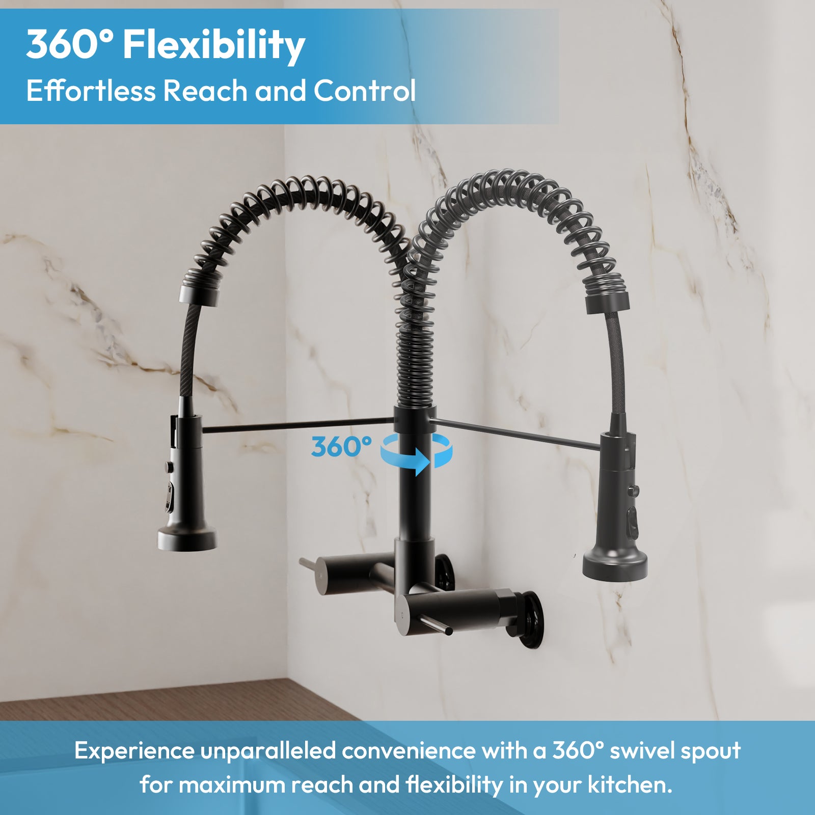 Besdor Wall Mount Kitchen Faucet with Pull Down Sprayer, Stainless Steel, Matte Black