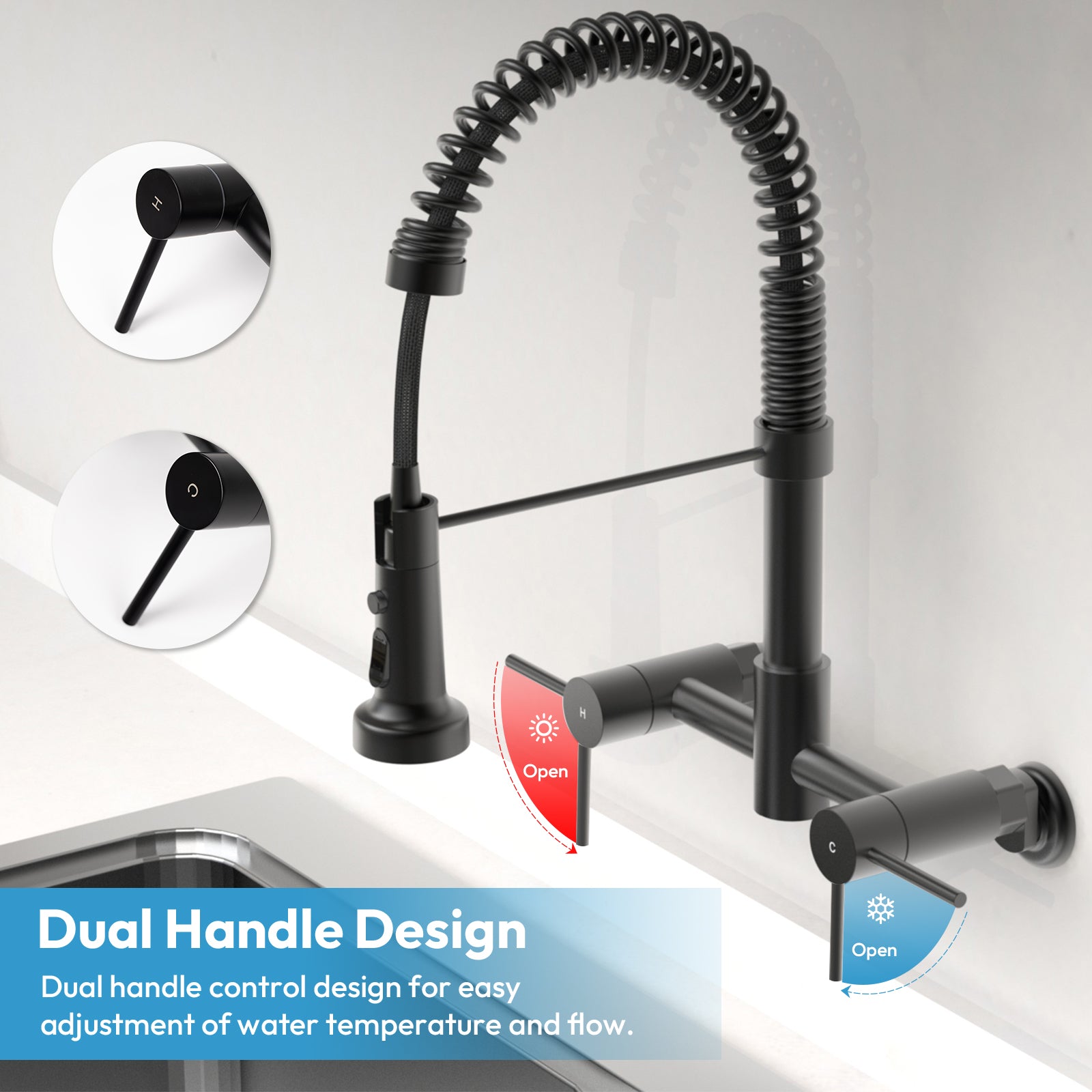 Besdor Wall Mount Kitchen Faucet with Pull Down Sprayer, Stainless Steel, Matte Black