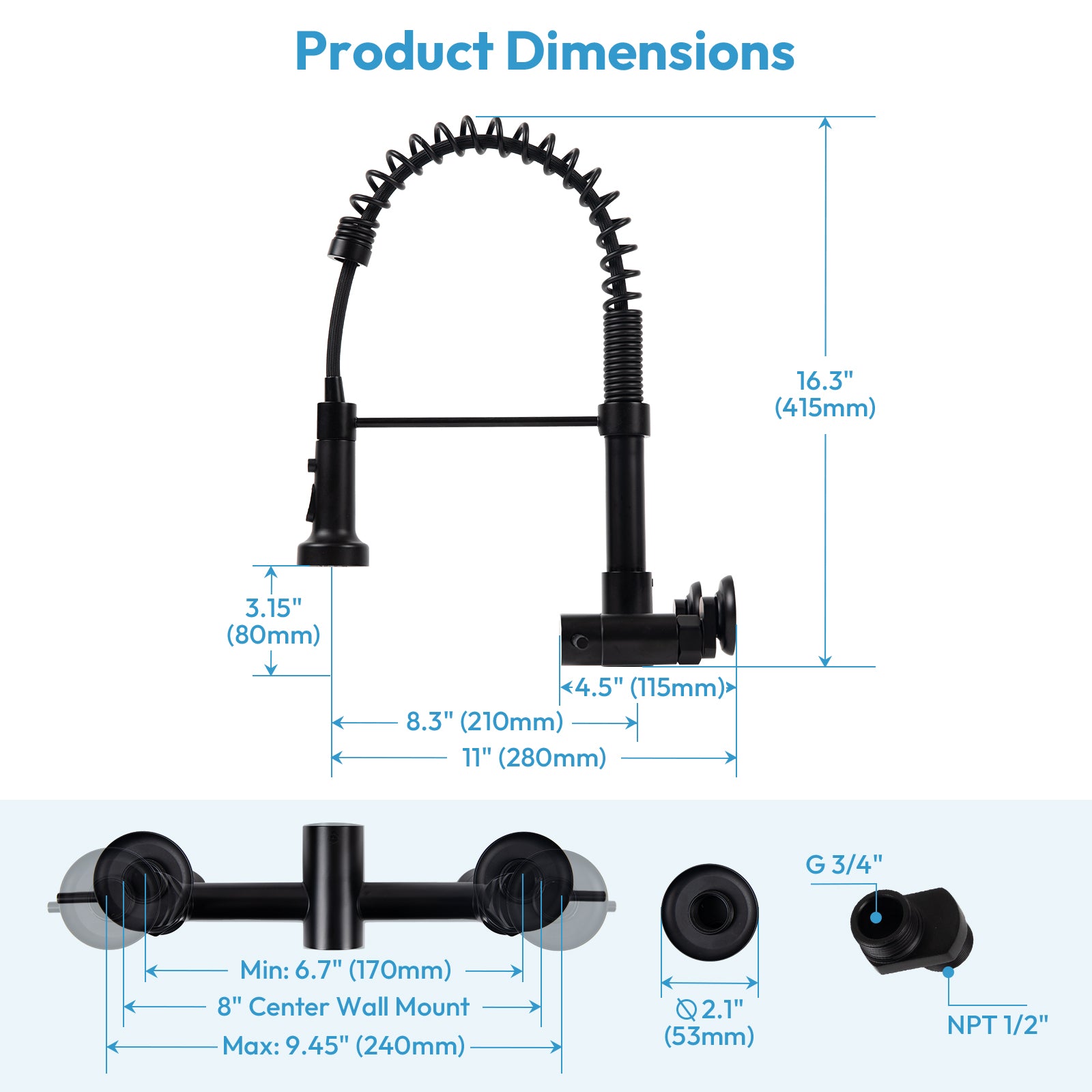 Besdor Wall Mount Kitchen Faucet with Pull Down Sprayer, Stainless Steel, Matte Black