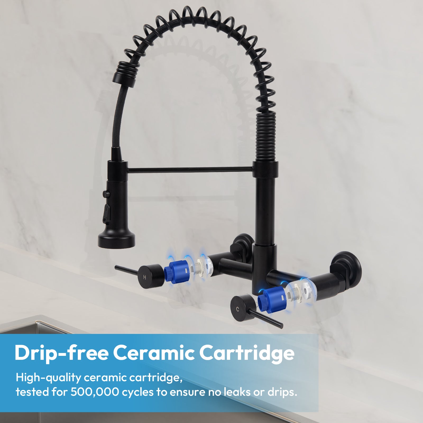 Besdor Wall Mount Kitchen Faucet with Pull Down Sprayer, Stainless Steel, Matte Black