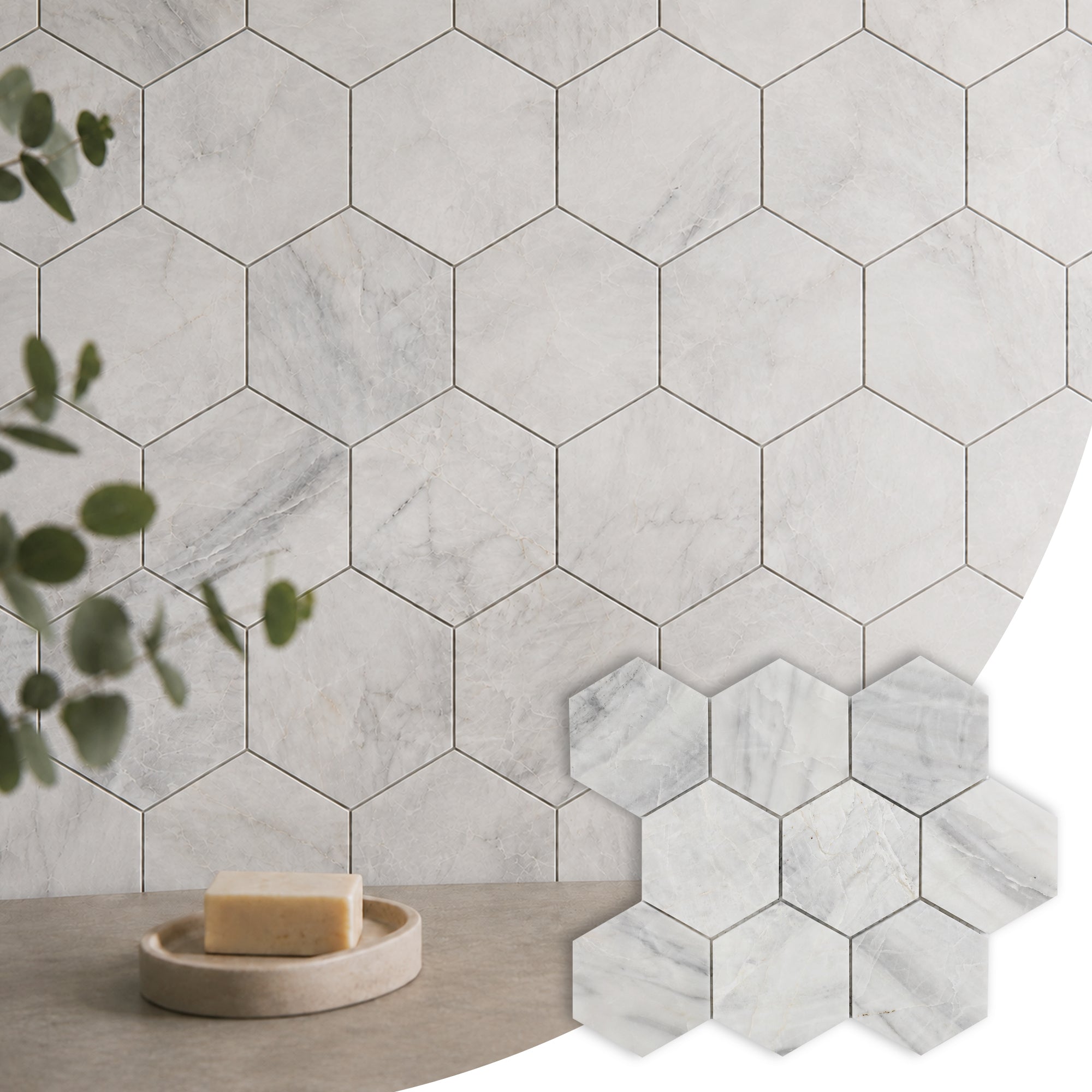 Besdor Natural Marble Mosaic Tile, 4 in Hexagon Andes Grey Honed, 5 Sheets