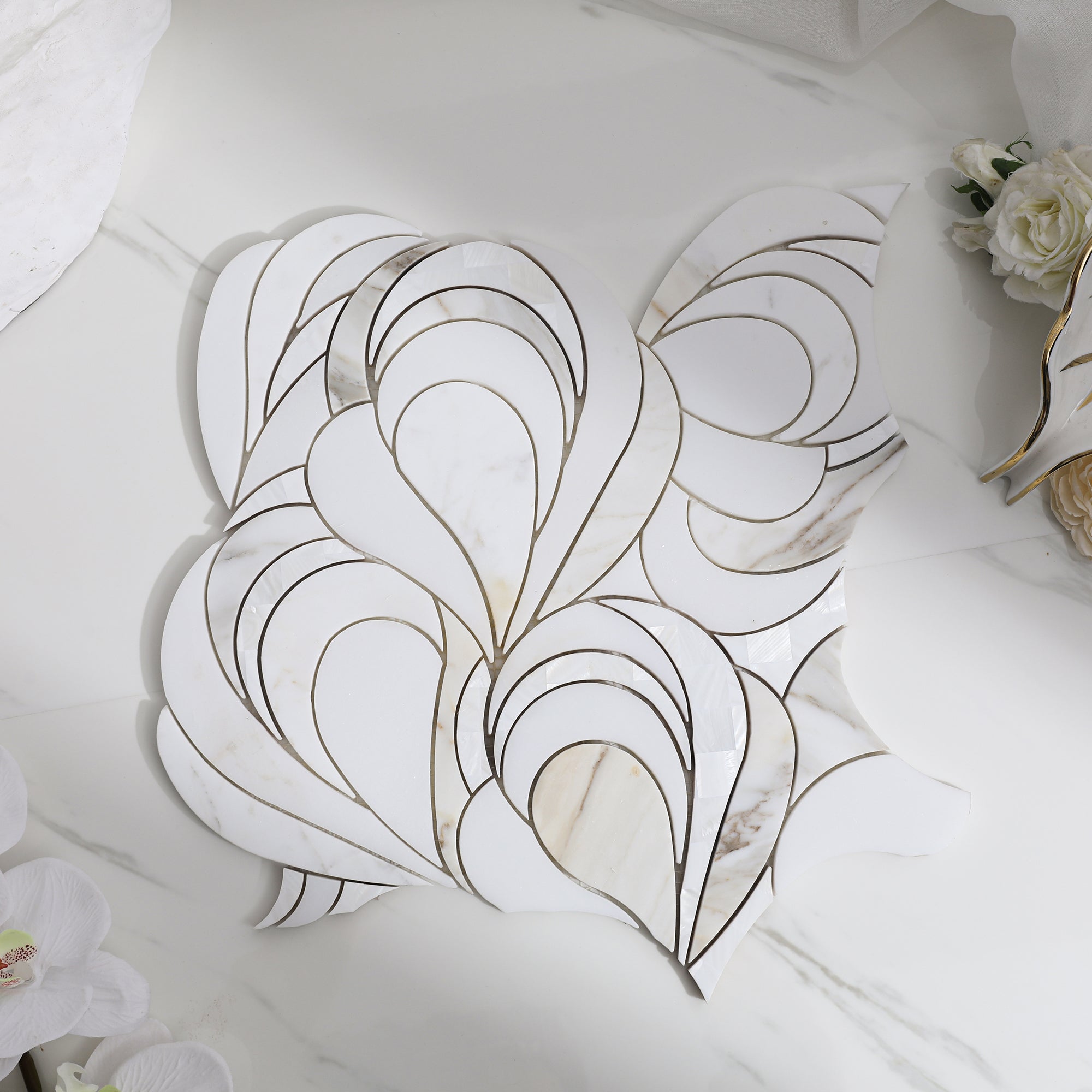 Natural White Marble Mosaic Tile, Petal Shape, Polished, 1 Sheet