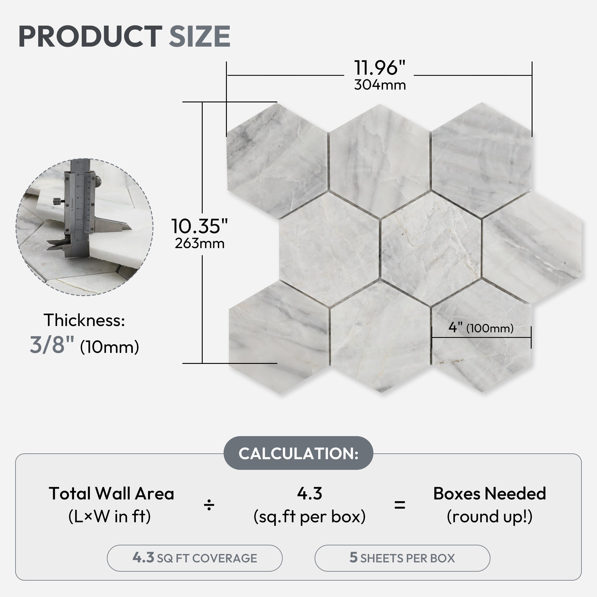 Besdor Natural Marble Mosaic Tile, 4 in Hexagon Andes Grey Honed, 5 Sheets